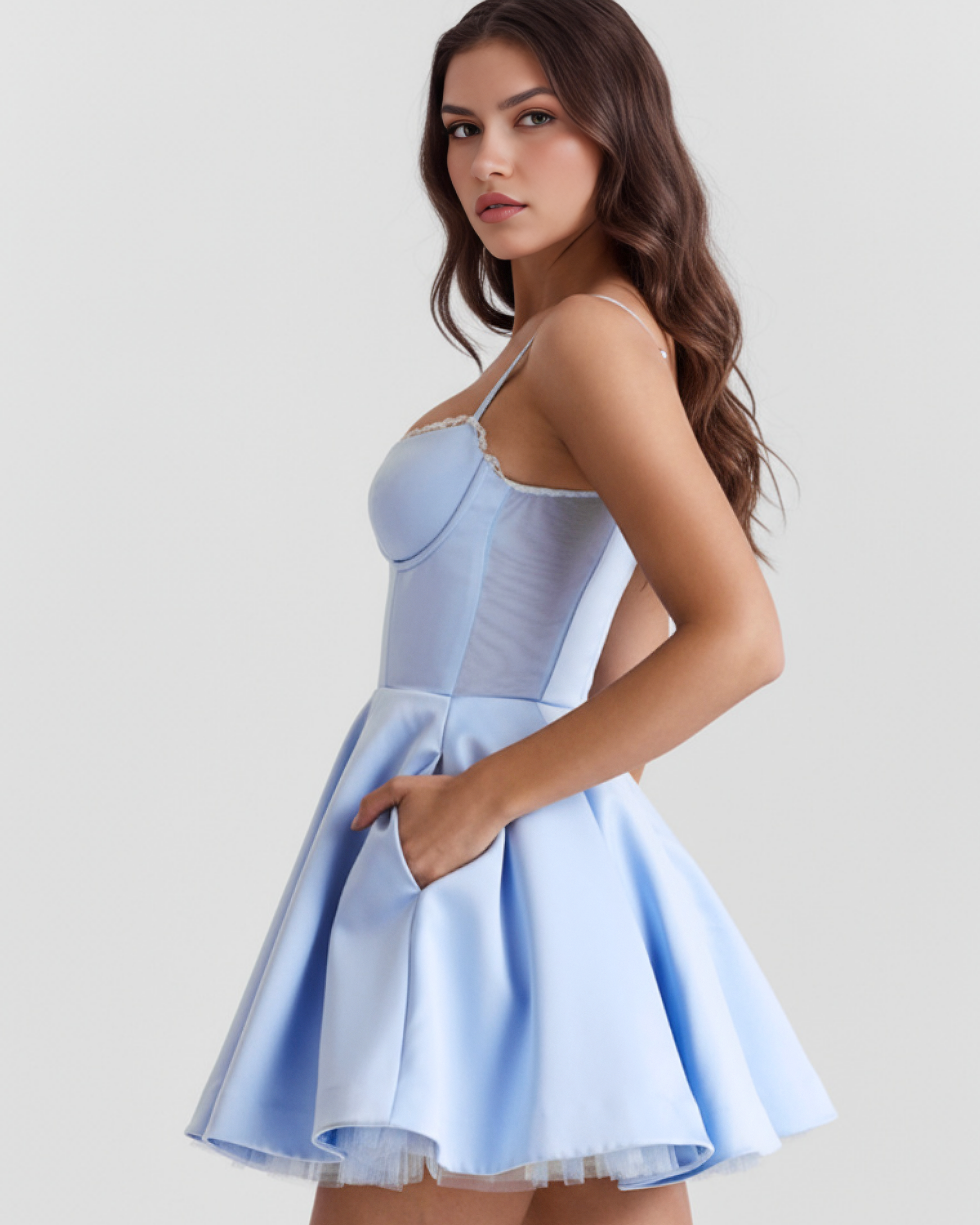 Baby blue corset bodice dress with lace-trimmed sweetheart bust and spaghetti straps