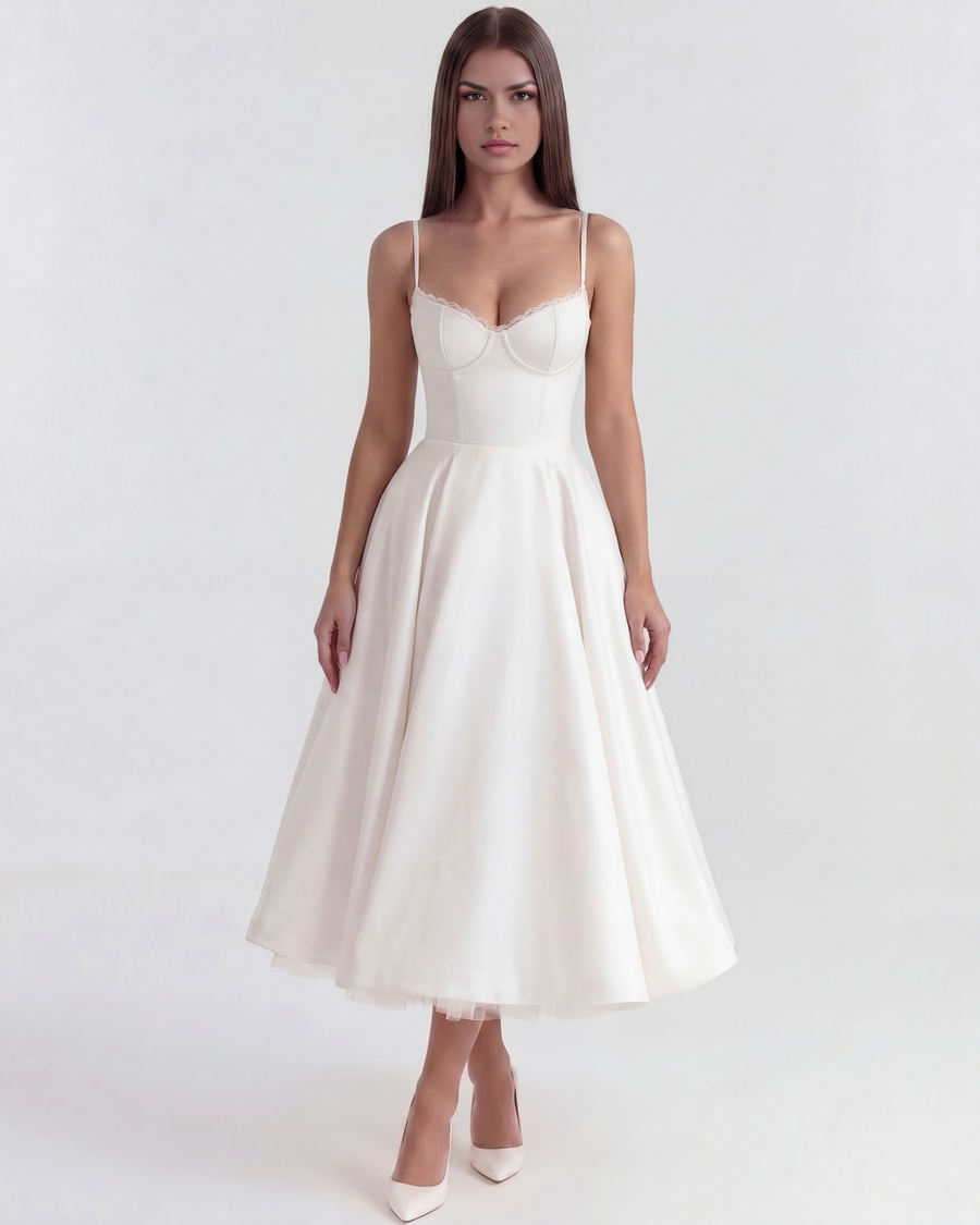 White lace-trim midi dress with spaghetti straps and fitted bodice