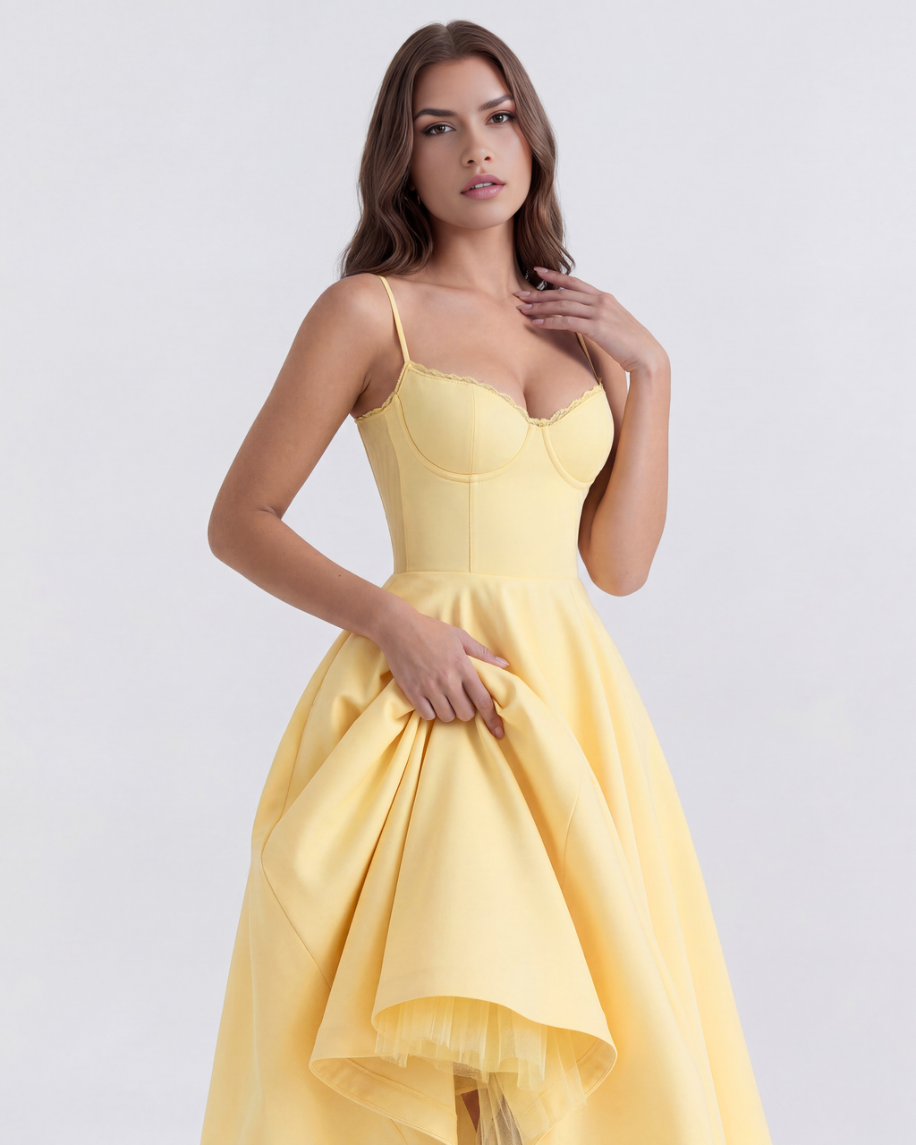 Butter yellow midi dress with sweetheart bra cups and pleated skirt