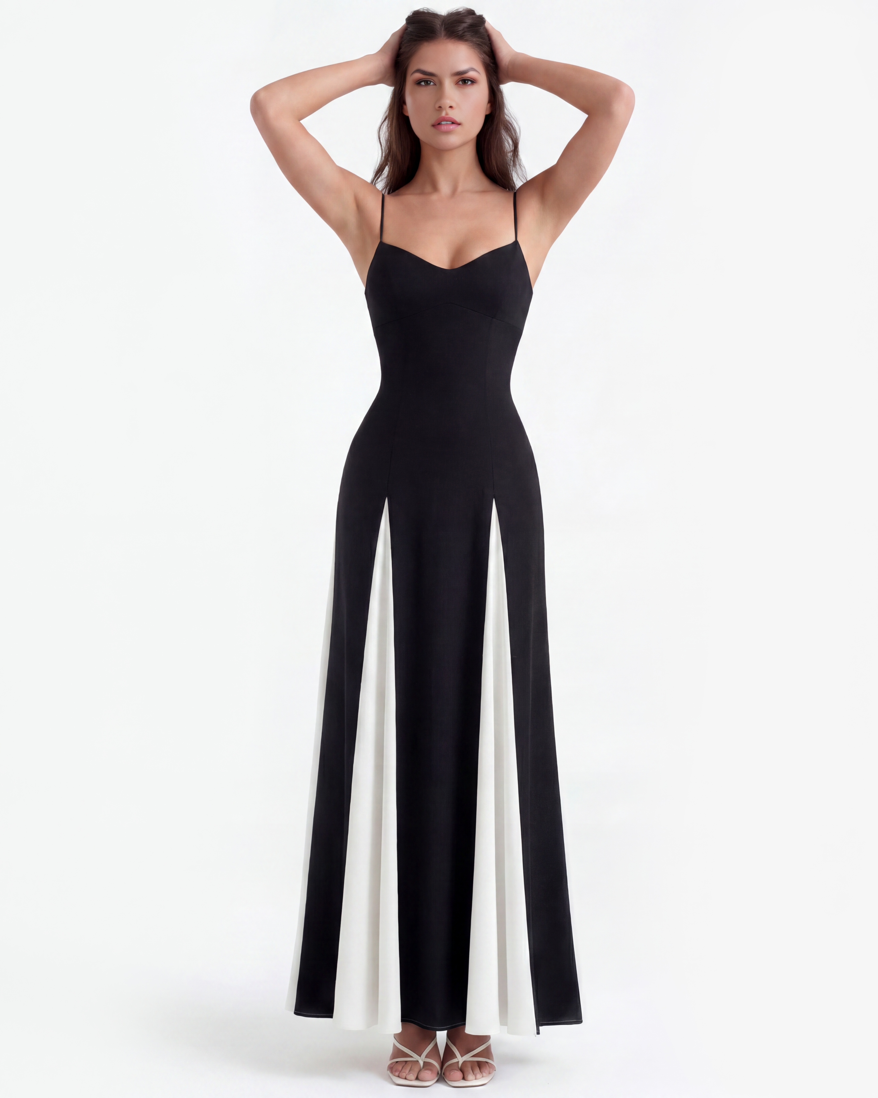 Black maxi dress with spaghetti straps and V-neck, white side panel inserts