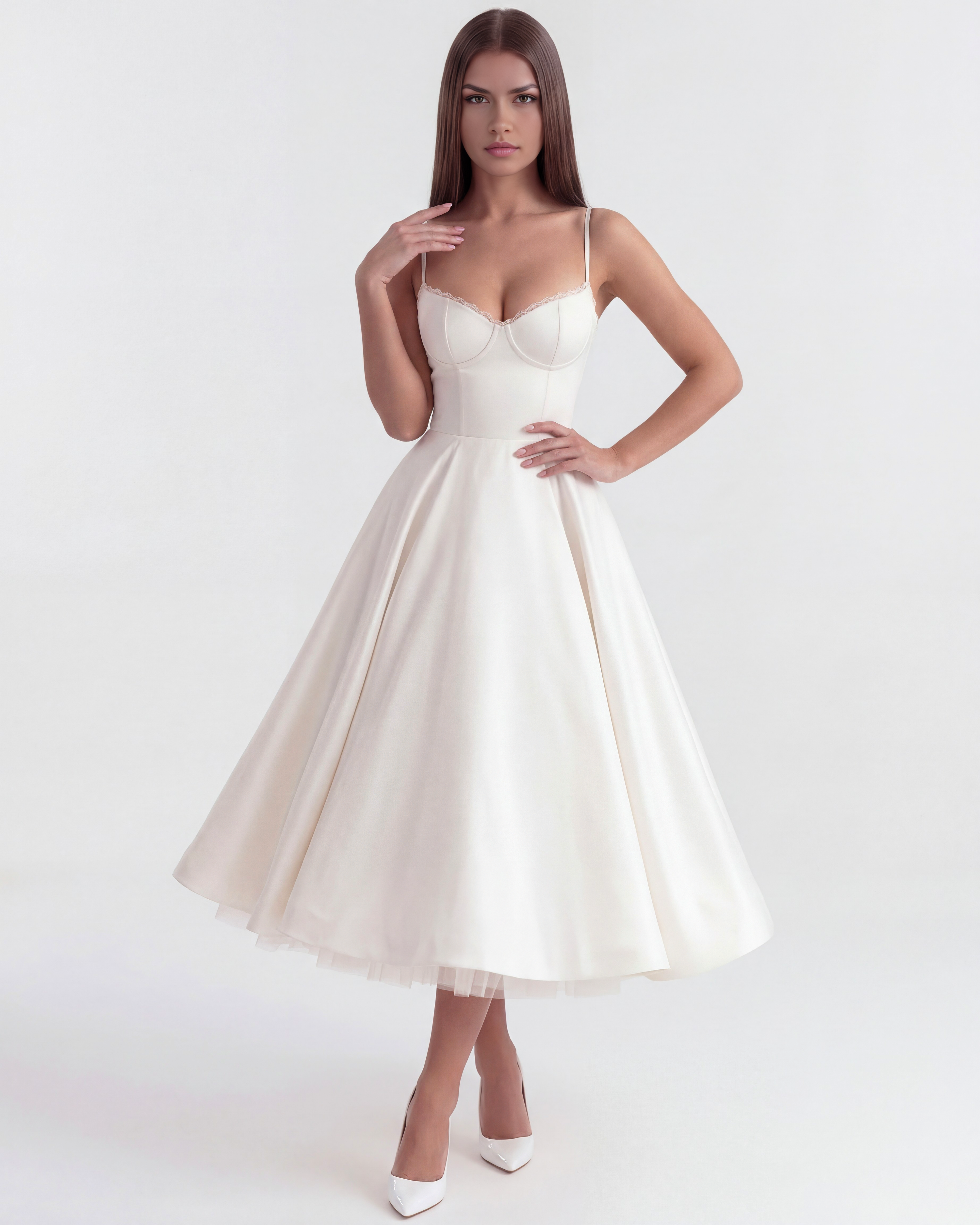 White lace-trim midi dress with spaghetti straps and full flared skirt, front view