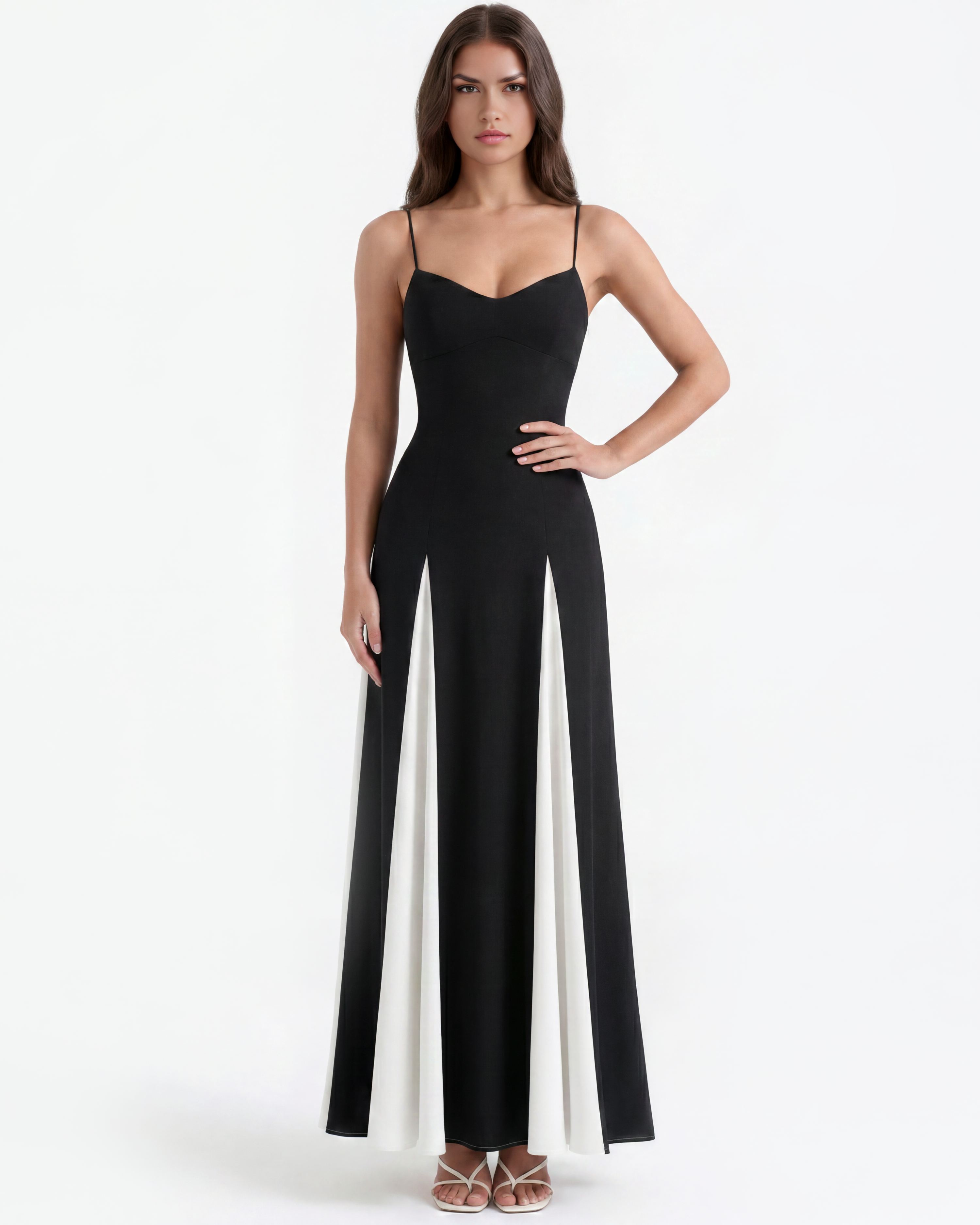 Black maxi dress with spaghetti straps, V-neck and vertical white side panels