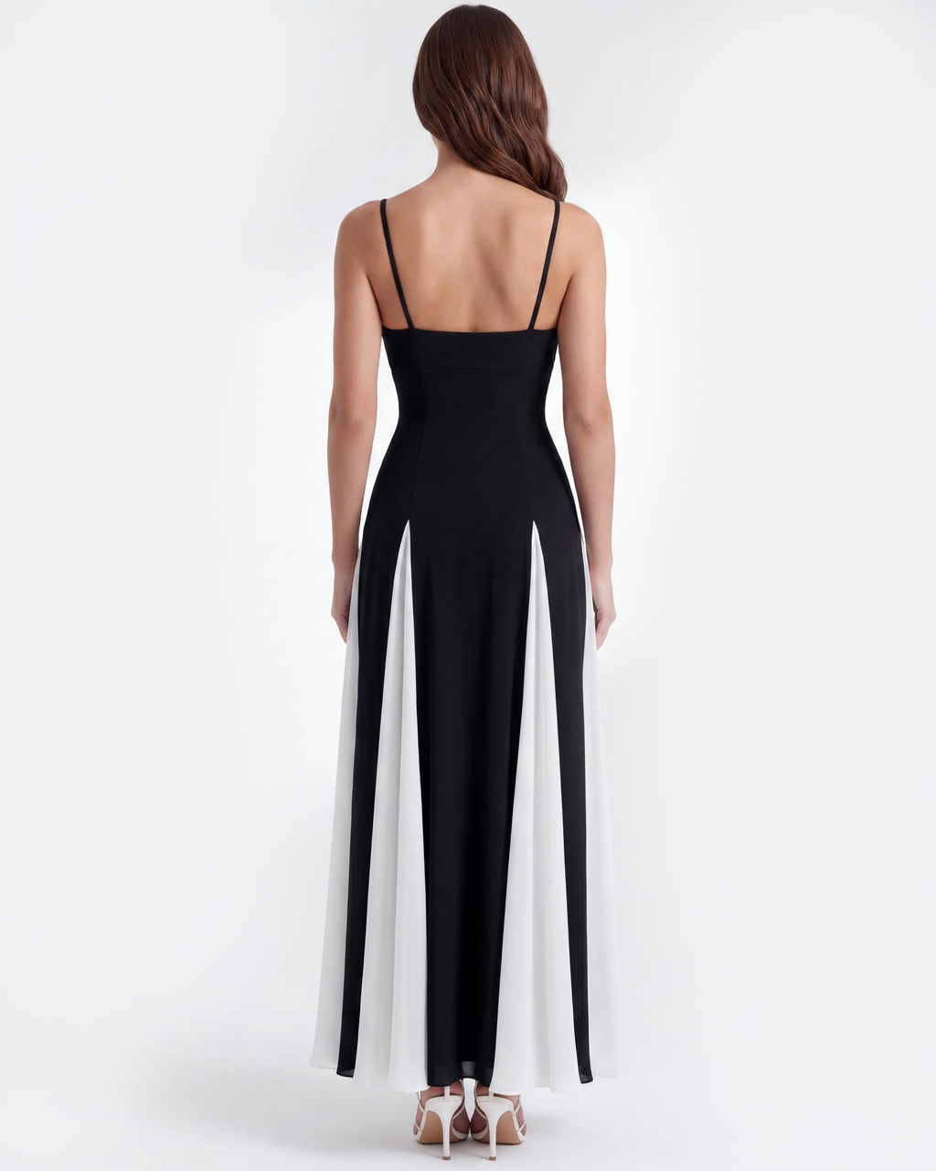 Black maxi dress back view with thin straps and white side color panels