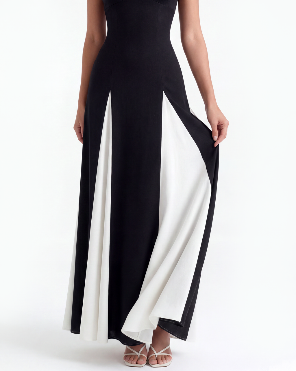 Black maxi dress front with long open slit and white side panel trim