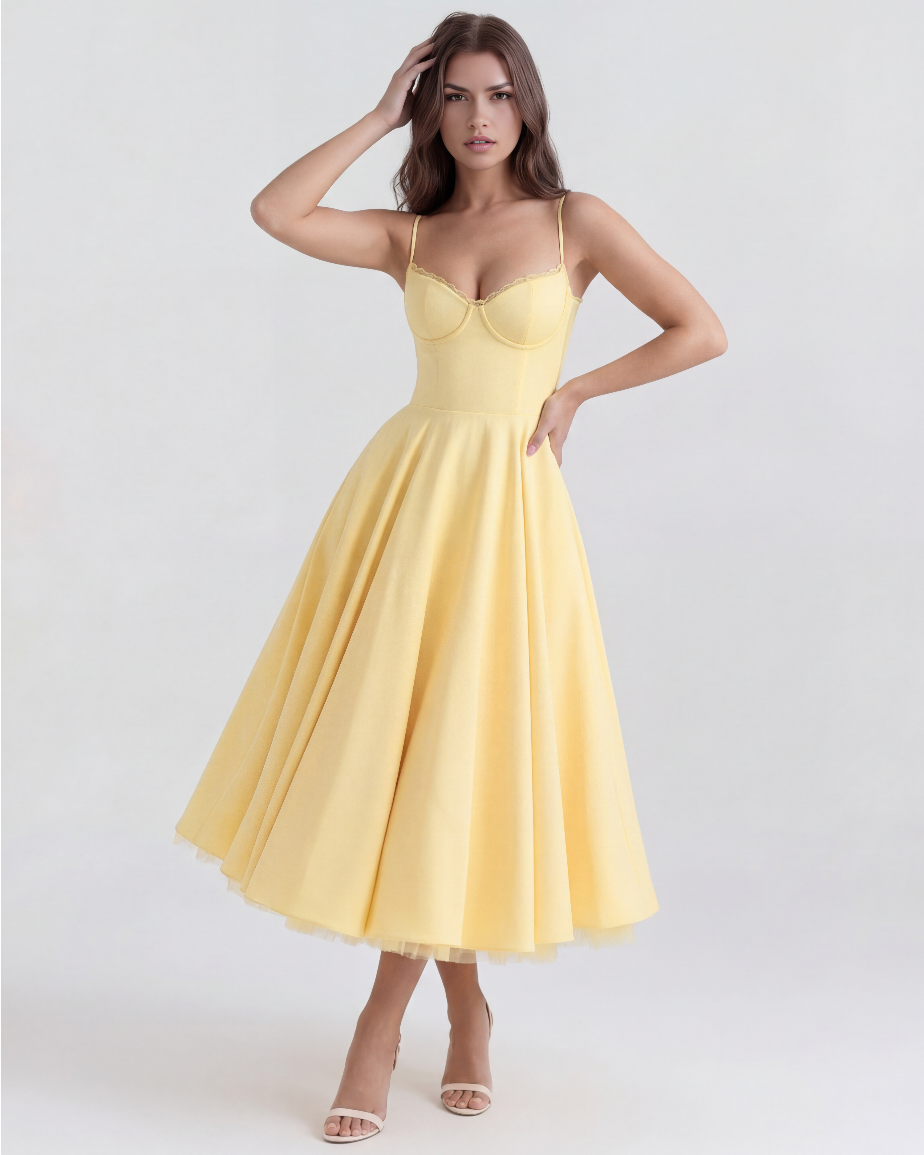 Butter yellow midi dress with thin straps, fitted waist, and pleated skirt