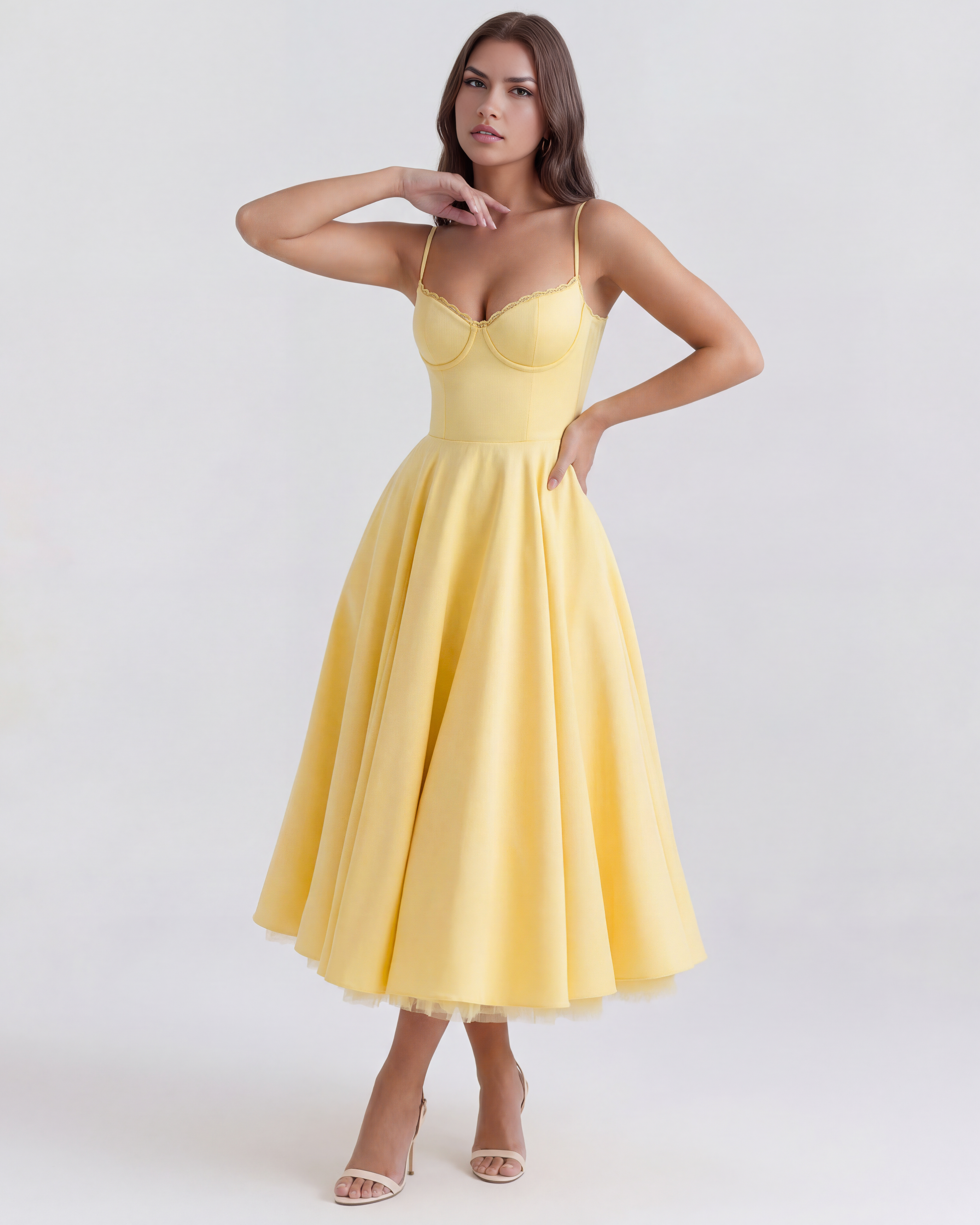 Butter yellow midi dress with scalloped sweetheart neckline and pleated skirt
