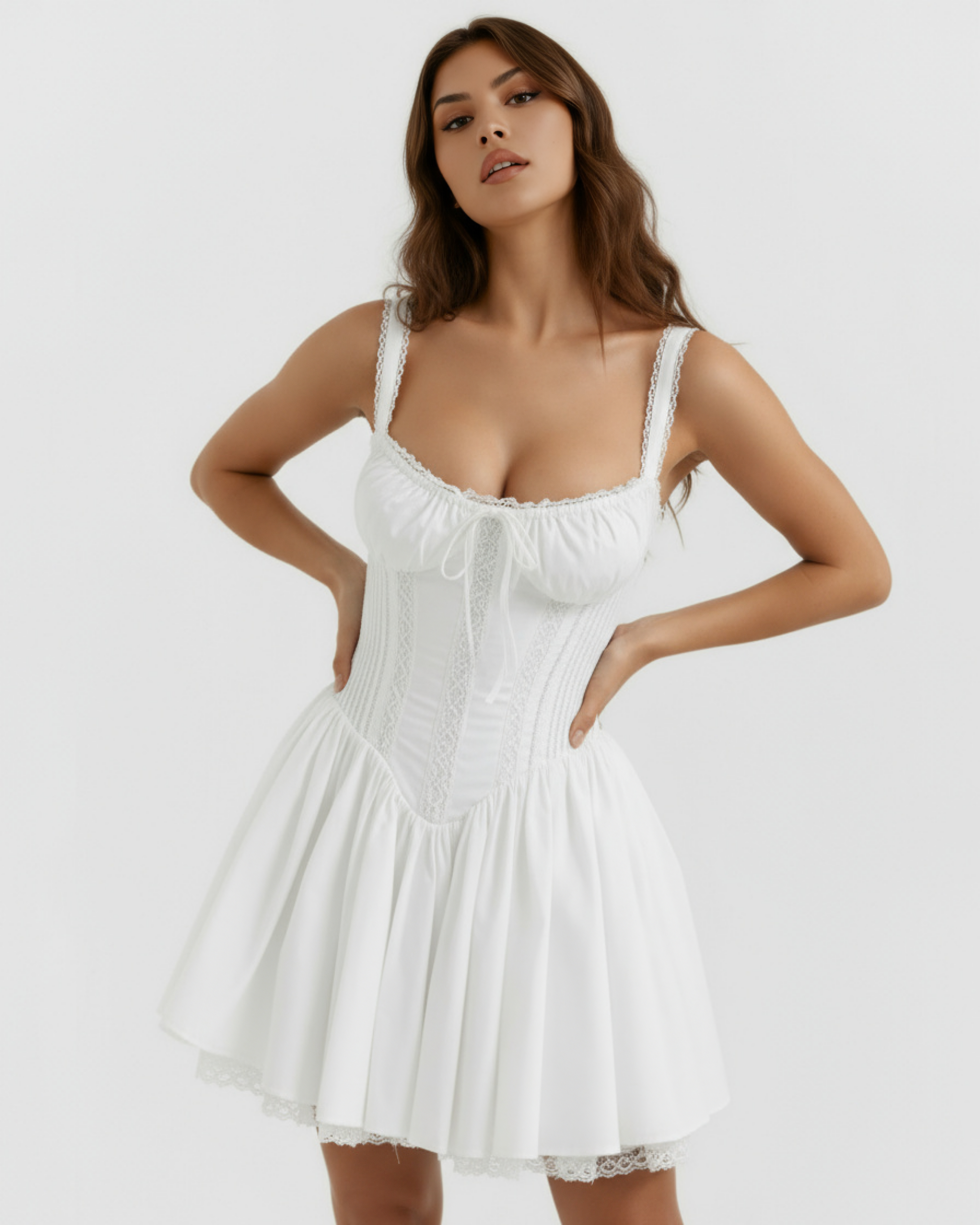 White corset mini dress with lace straps, ruched bust, and flared pleated skirt