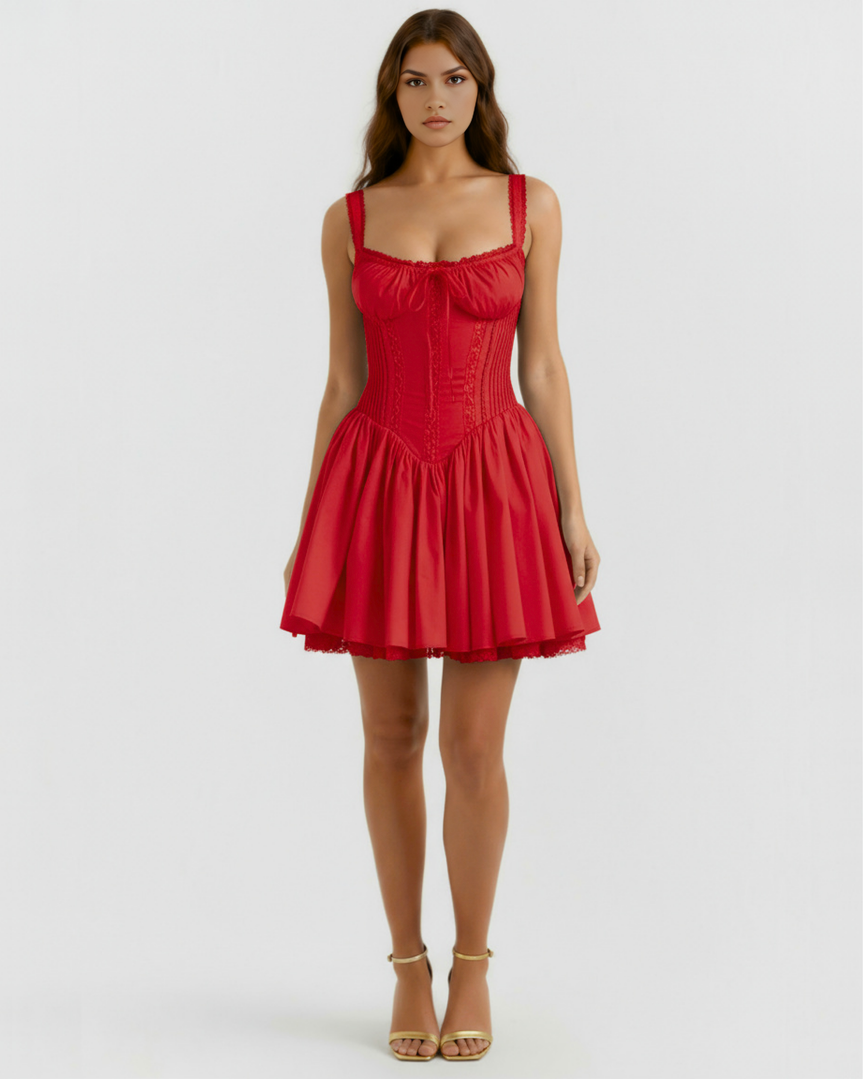 Red corset mini dress with square straps, gathered bust, and flared ruffle hem