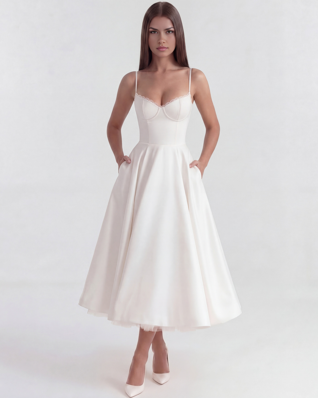White lace-trim midi dress with spaghetti straps, sweetheart neckline, flared skirt