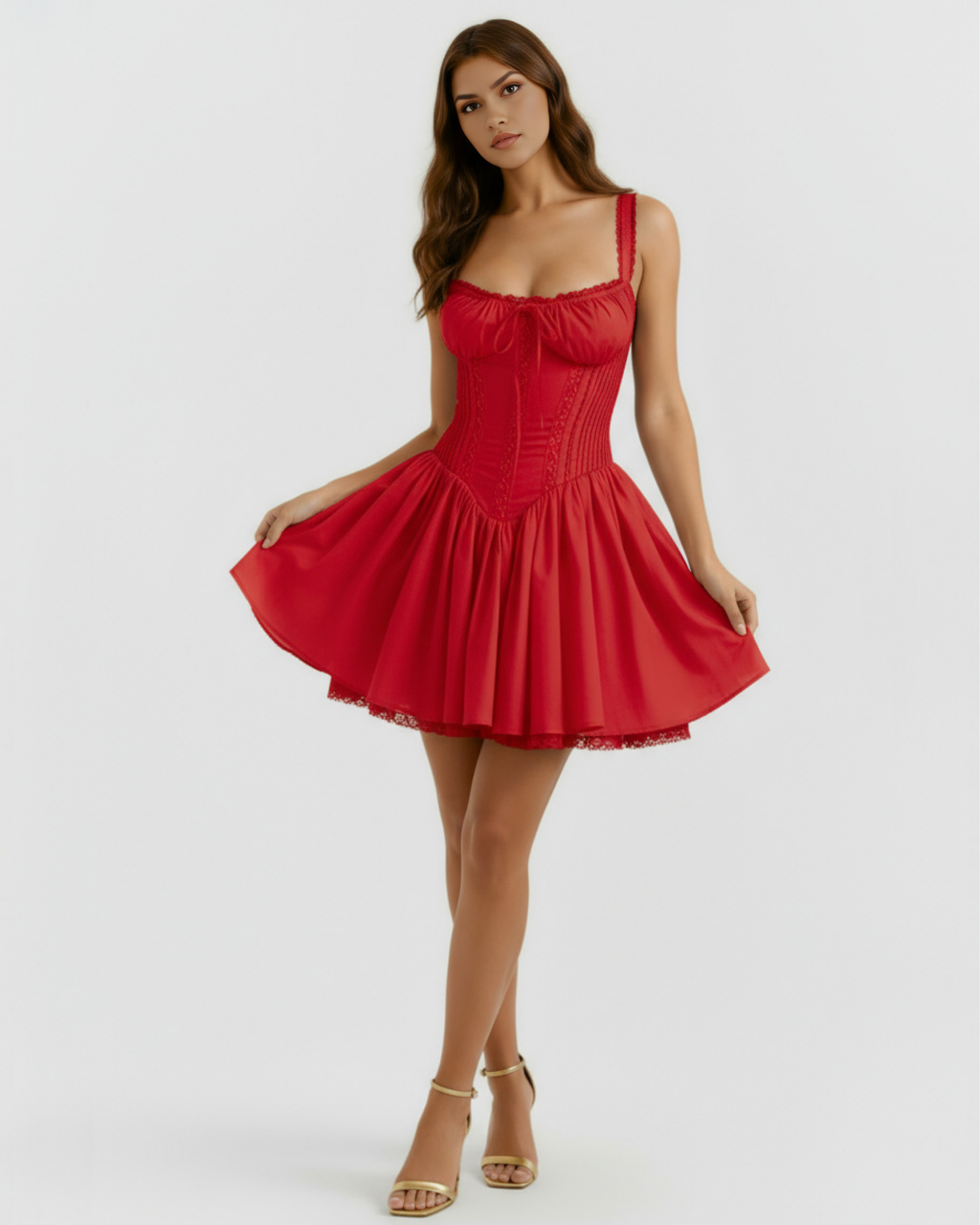 Red corset-style mini dress with sweetheart neckline and tiered ruffle skirt