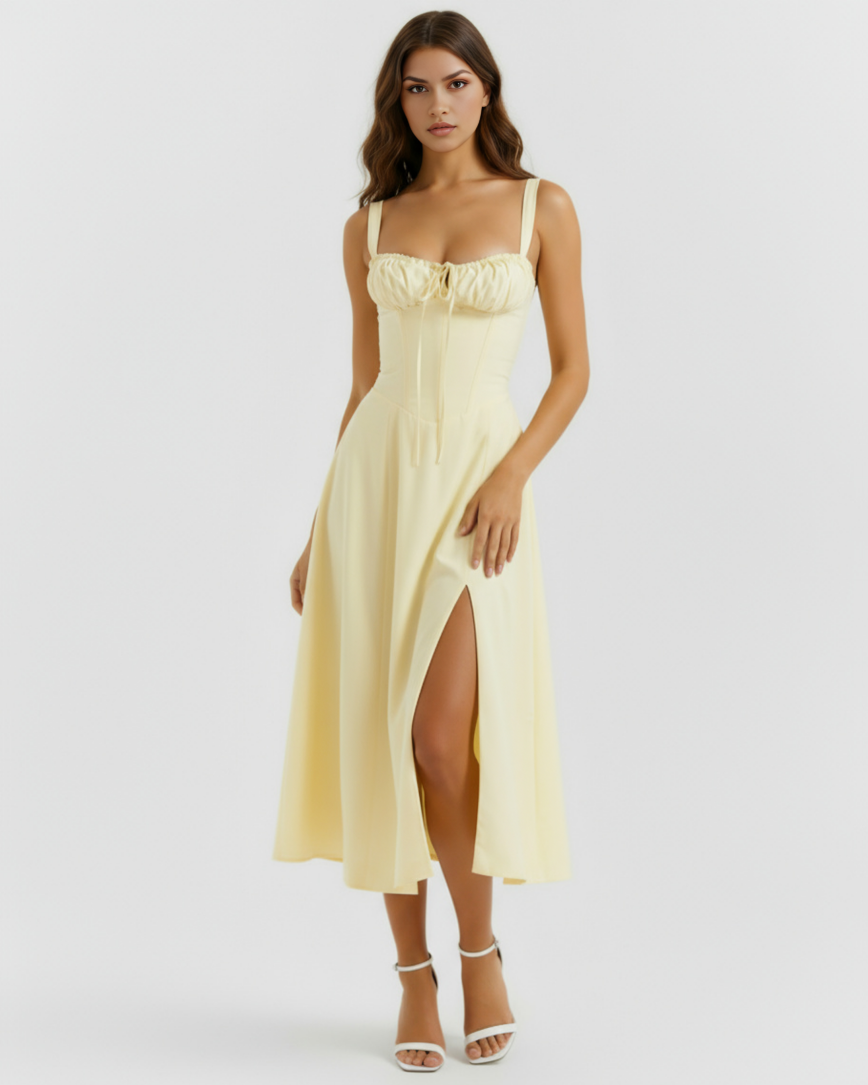 Light yellow midi slip dress with thin straps, ruched bust, and long front slit