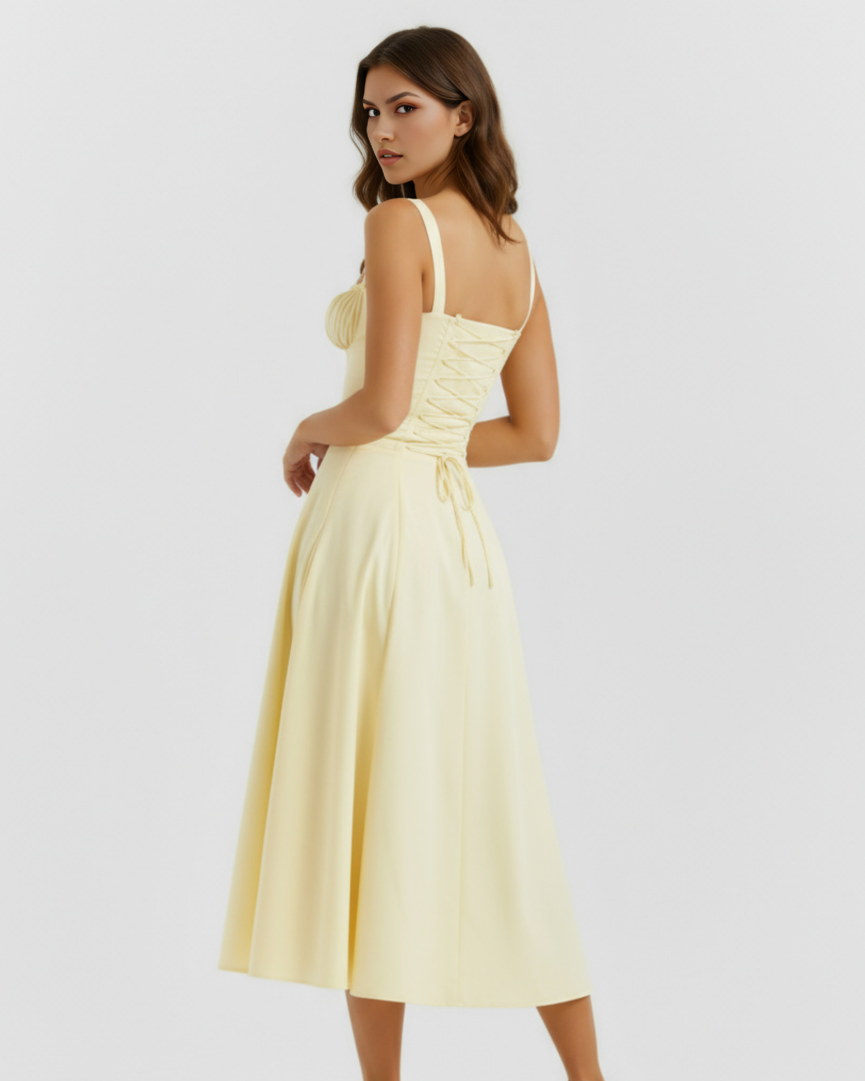 Light yellow midi slip dress in side view with lace-up bodice and flowing skirt