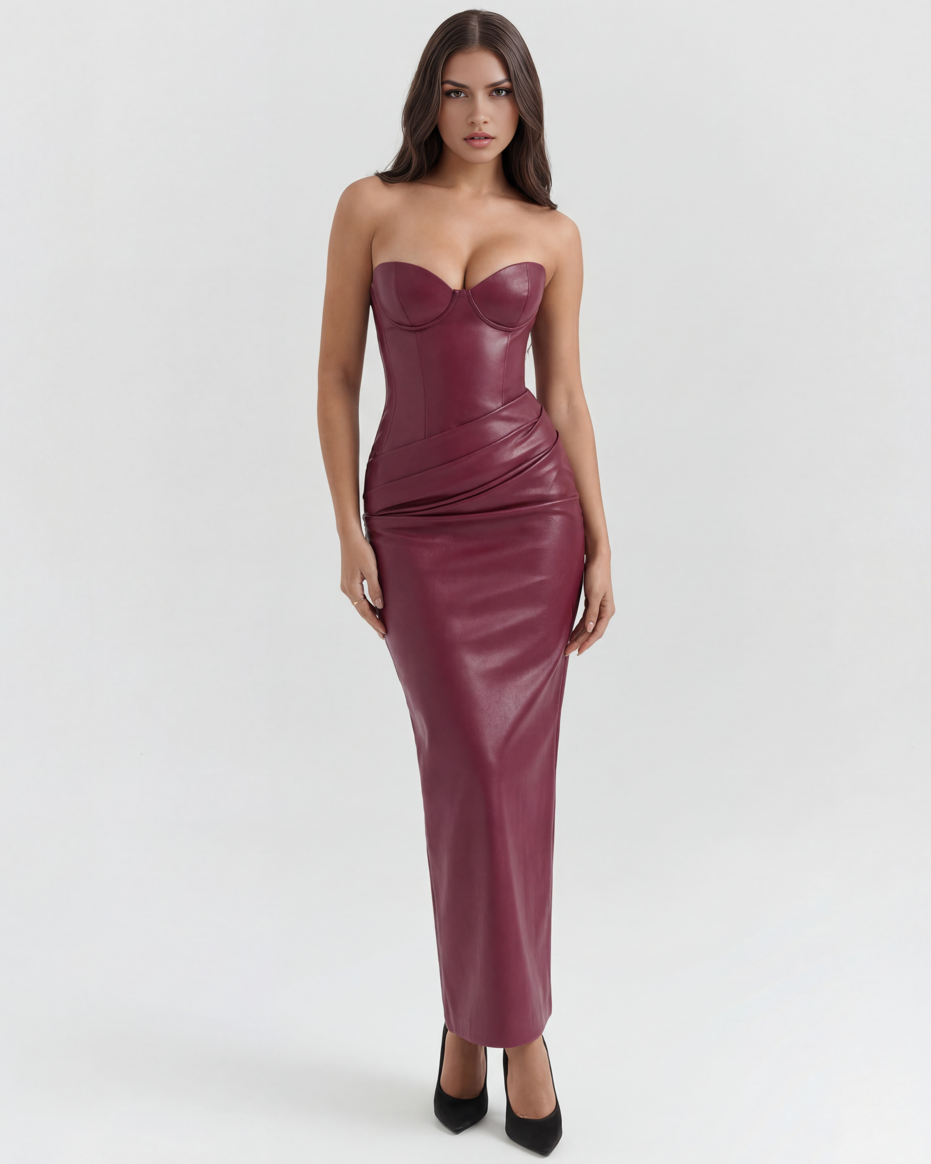 Burgundy strapless corset leather midi dress with sweetheart cups and ruched bodice