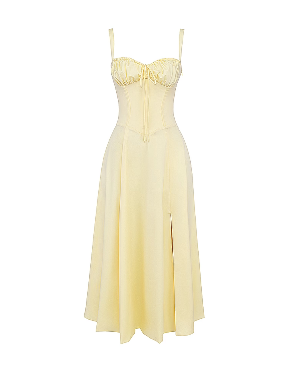 Light yellow midi dress on mannequin with ruched bust, thin straps, and front slit