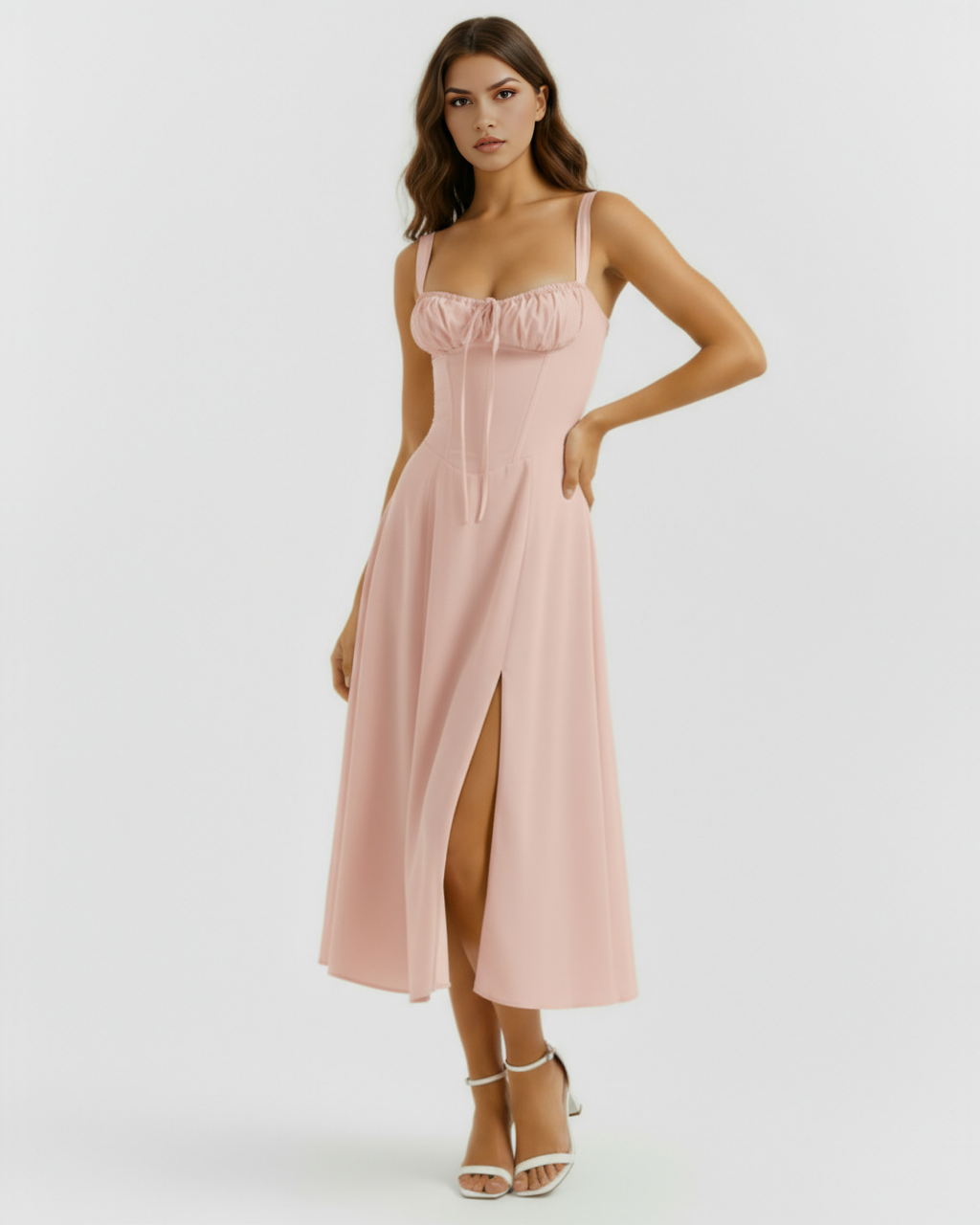 Pink midi dress with spaghetti straps, ruched bodice, and deep front slit