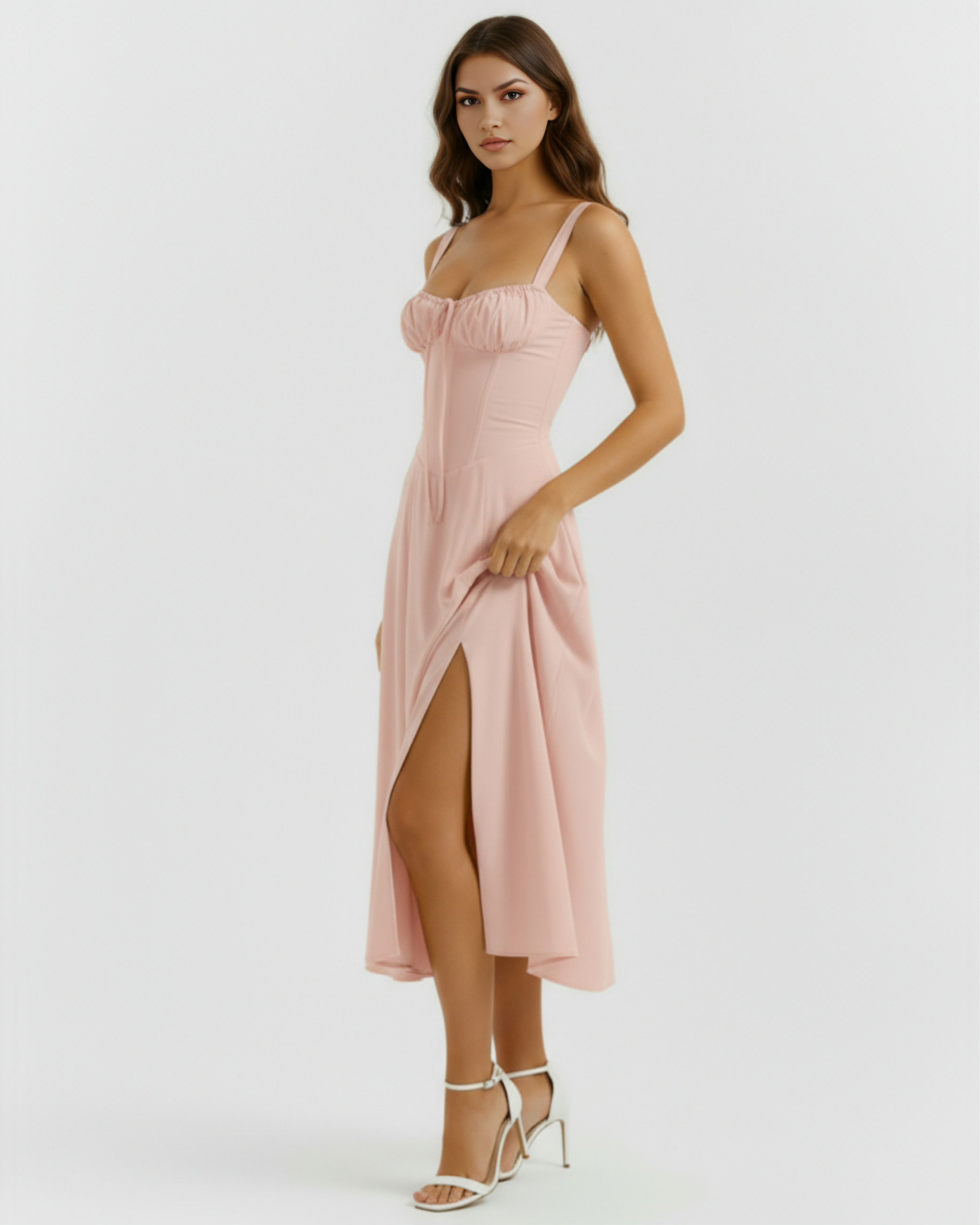 Pink corset-style midi dress with corset lacing detail and side slit