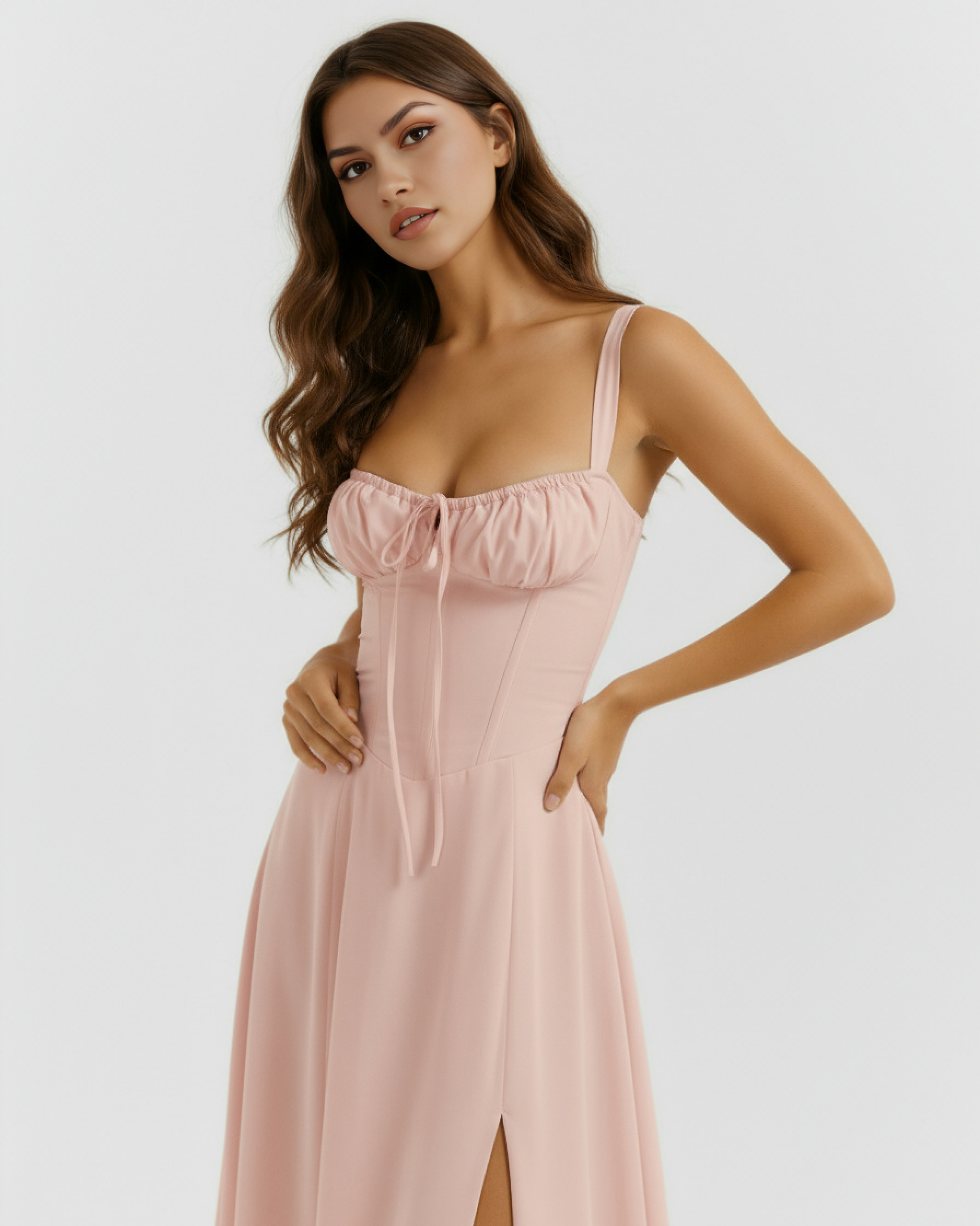Pink midi dress with ruched bust, spaghetti straps, and gathered neckline detail