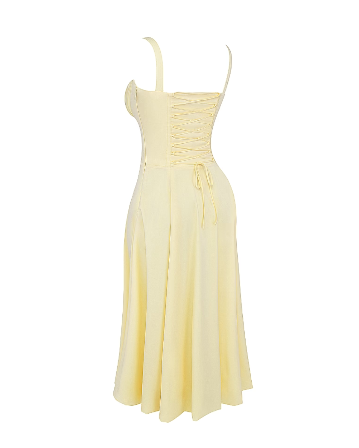 Light yellow midi dress mannequin with corset lace-up bodice and gathered waist ties