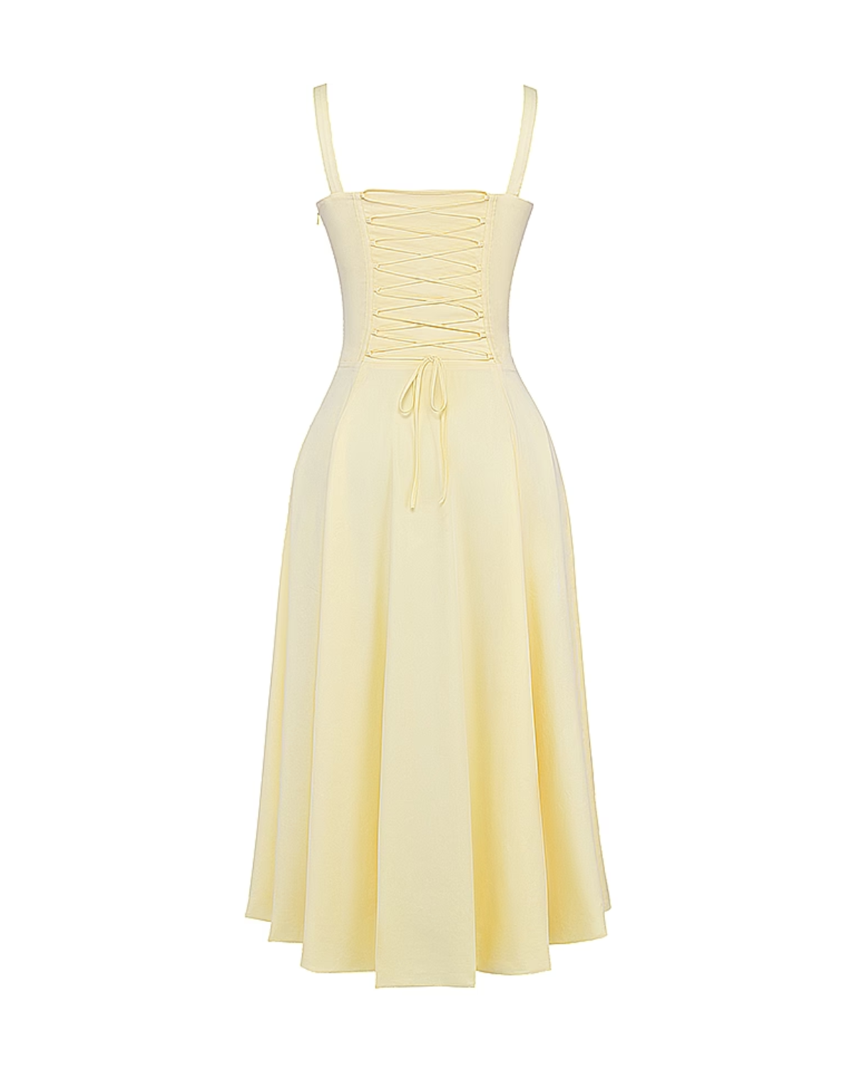 Light yellow corset-style dress with spaghetti straps and ruched lace-up bodice