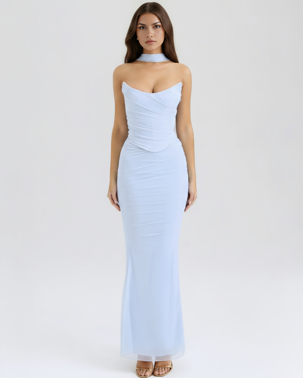 Light blue ruched strapless maxi dress with sweetheart neckline and sleeveless fit