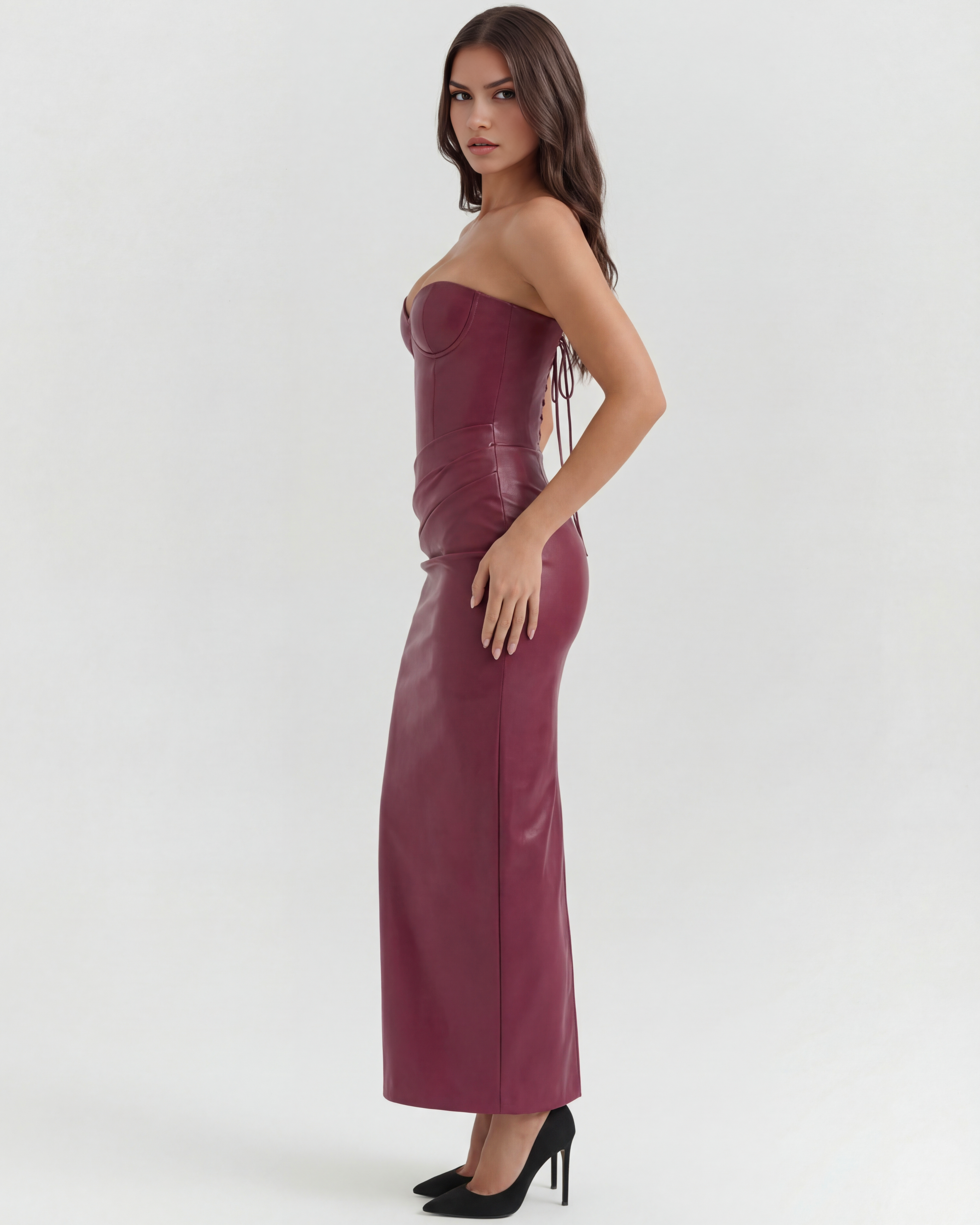 Burgundy strapless corset leather midi dress with back slit and sleek pencil fit