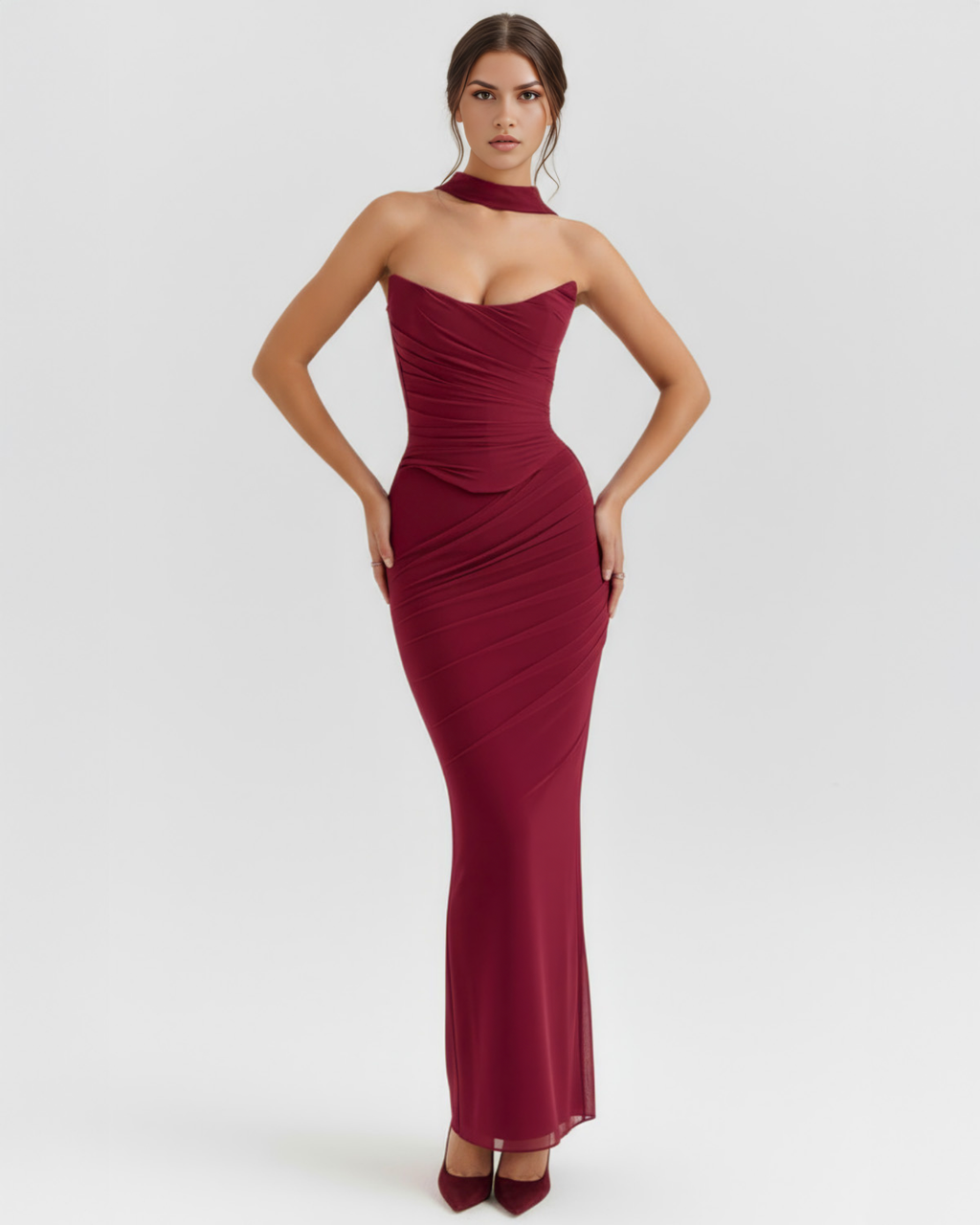 Burgundy strapless sweetheart bodycon midi dress with draped ruched detailing