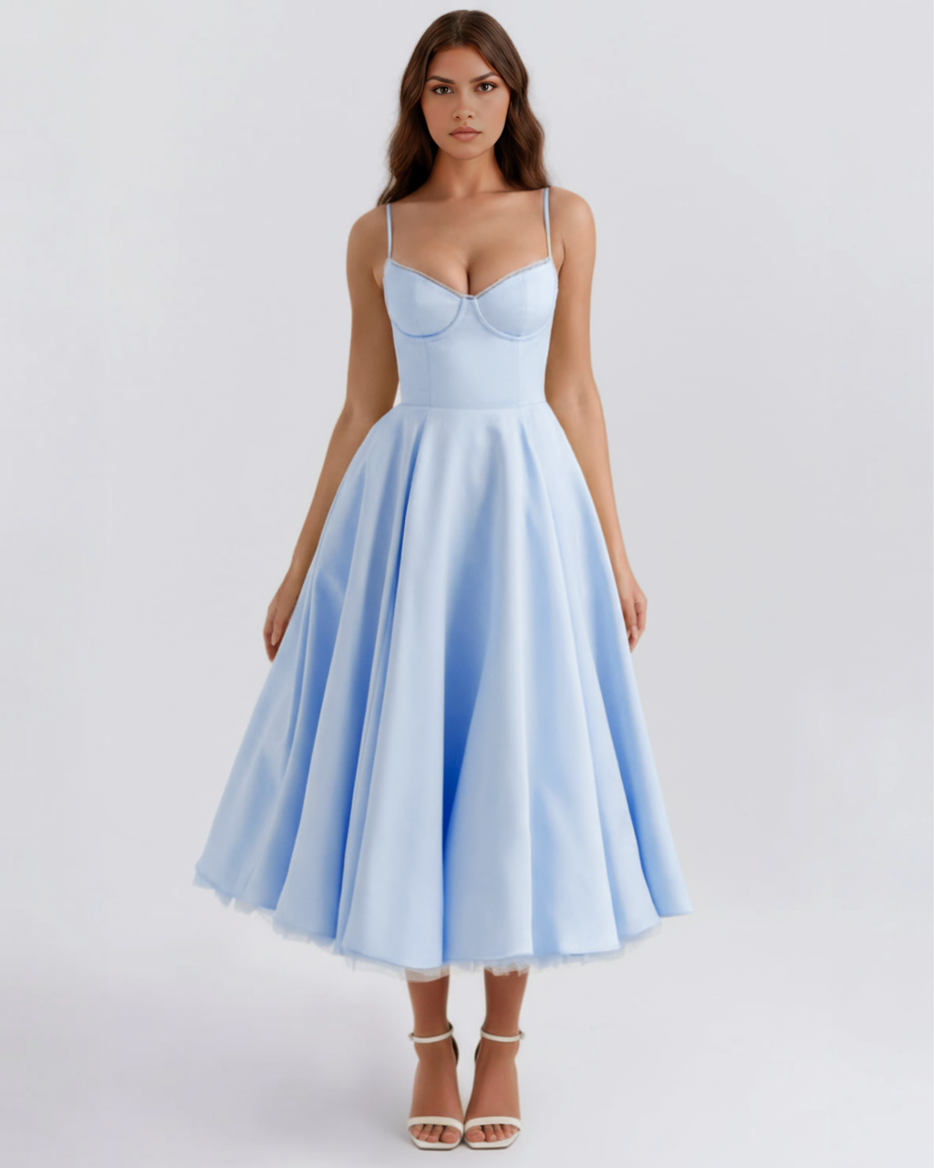 Light blue midi dress with spaghetti straps and sweetheart bodice, full pleated skirt
