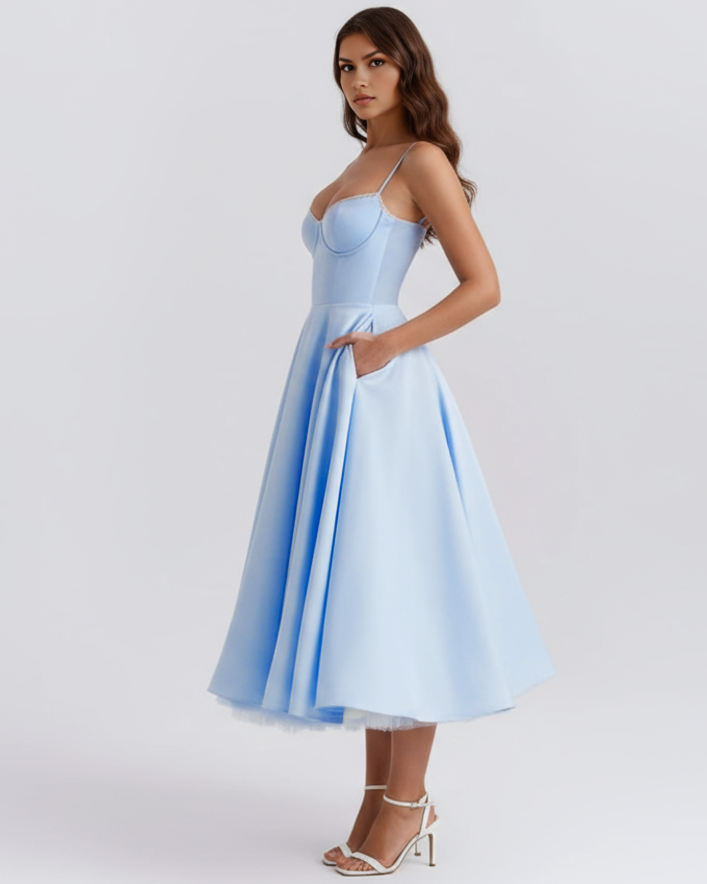 Light blue midi dress with spaghetti straps, sweetheart neckline, and gathered waist