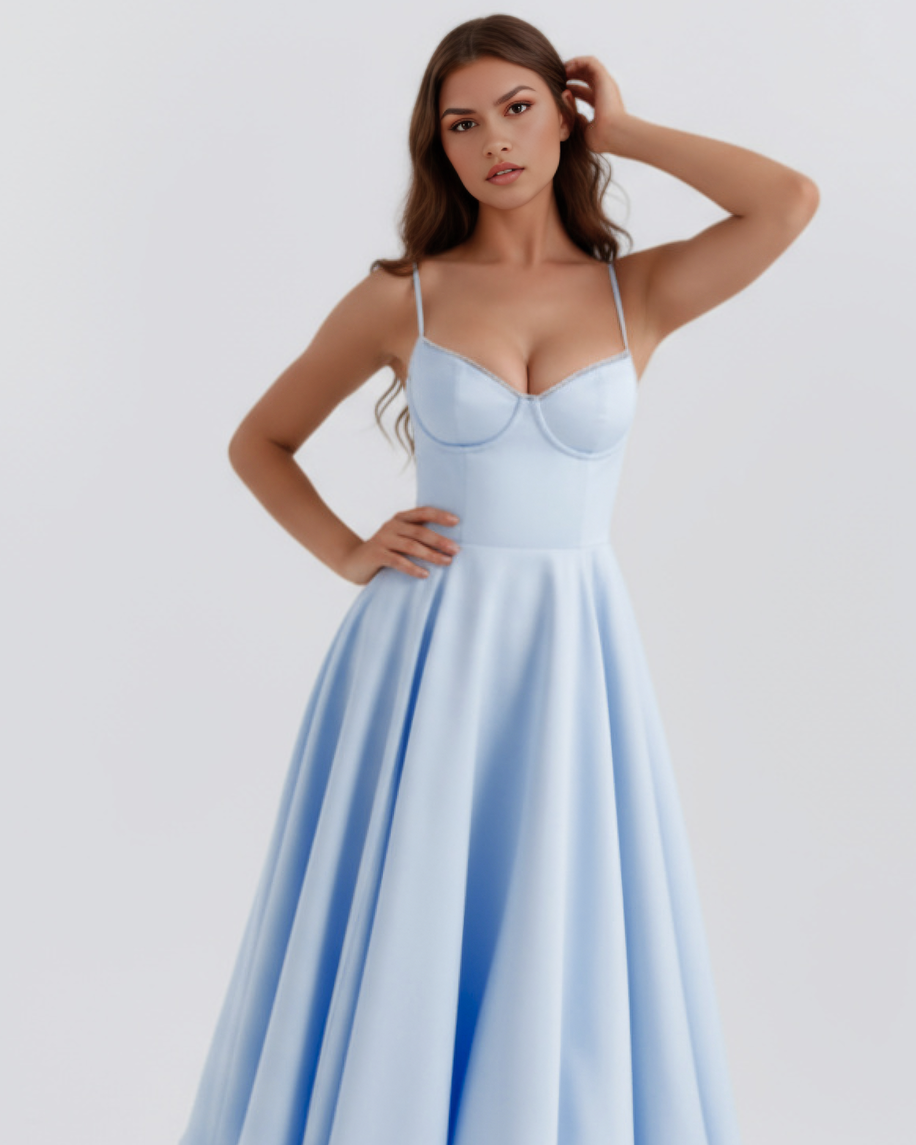 Light blue midi dress with spaghetti straps and sculpted sweetheart bodice