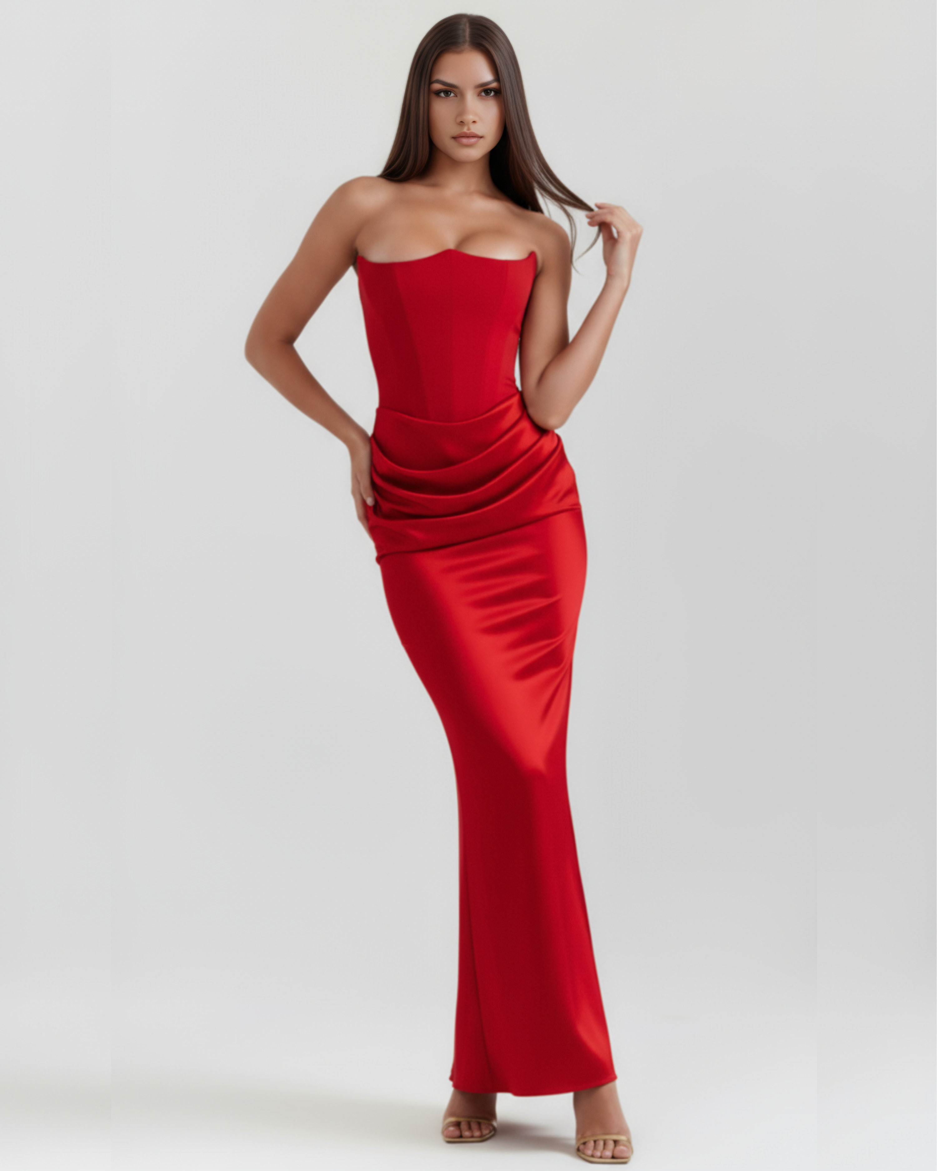 Red strapless satin corset gown with ruched waist drape, ankle-length fitted skirt