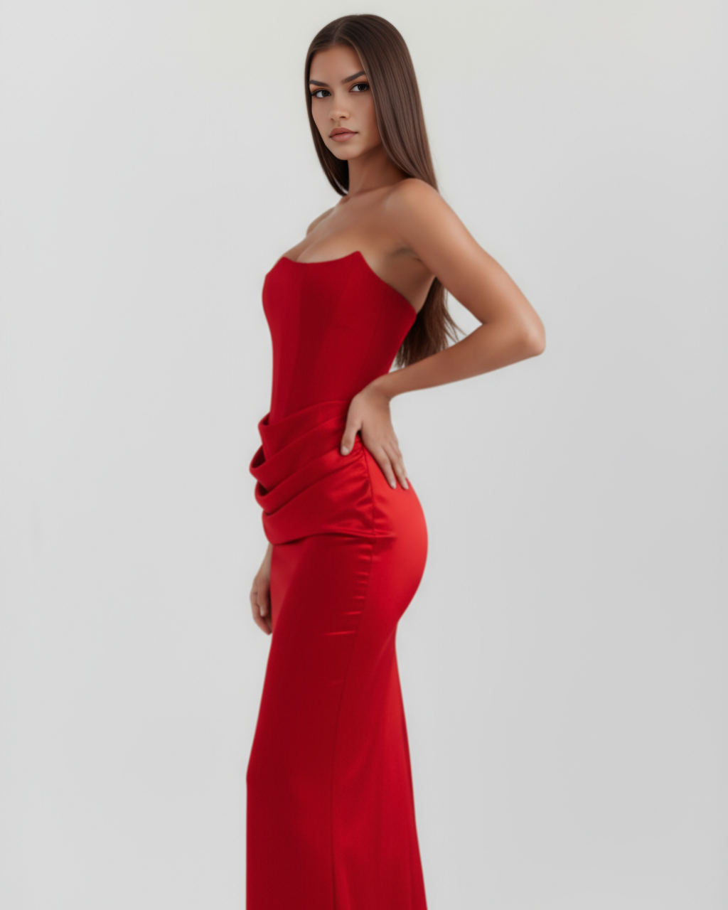 Red strapless corset satin gown with ruched waist drape, side view