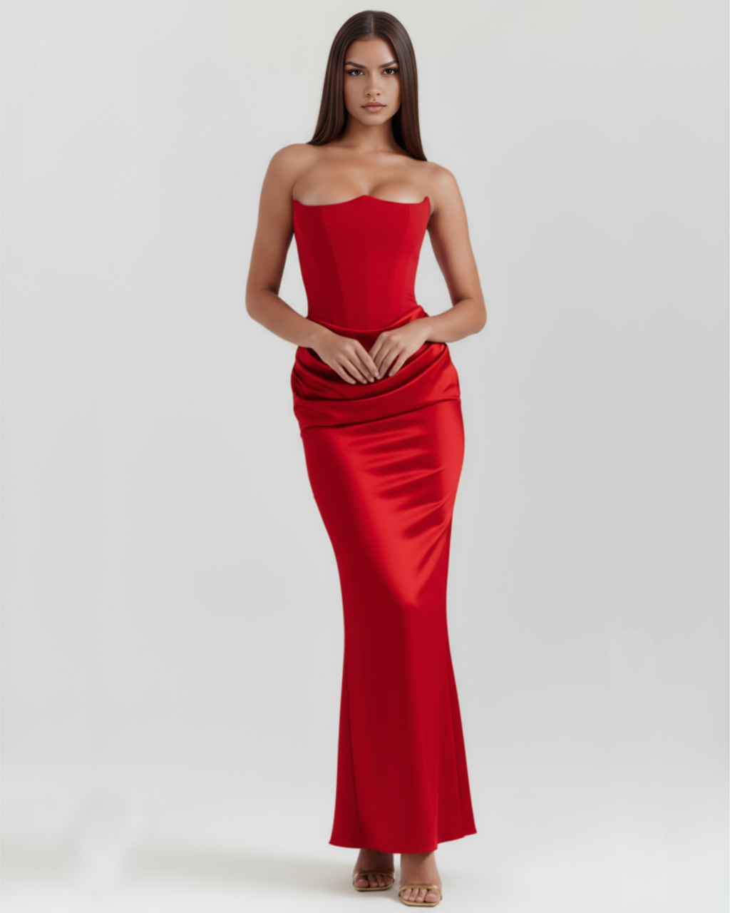 Red strapless satin gown with corset bodice, ruched waist detail, long fitted skirt
