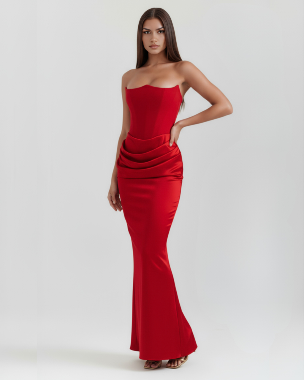 Red strapless corset satin gown with layered ruched waist, flared mermaid skirt hem