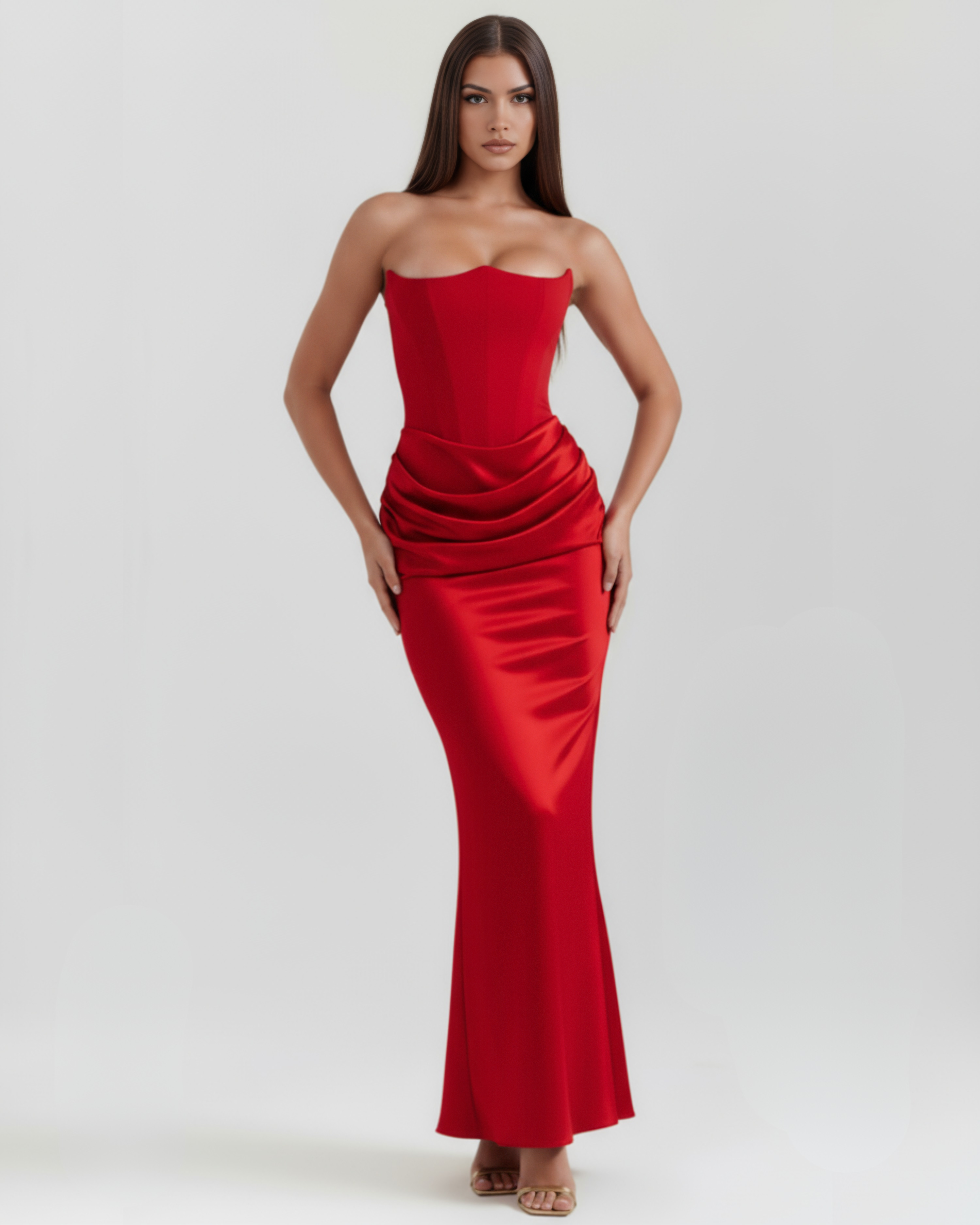 Red strapless corset-style satin gown with layered ruched waist and flared skirt hem