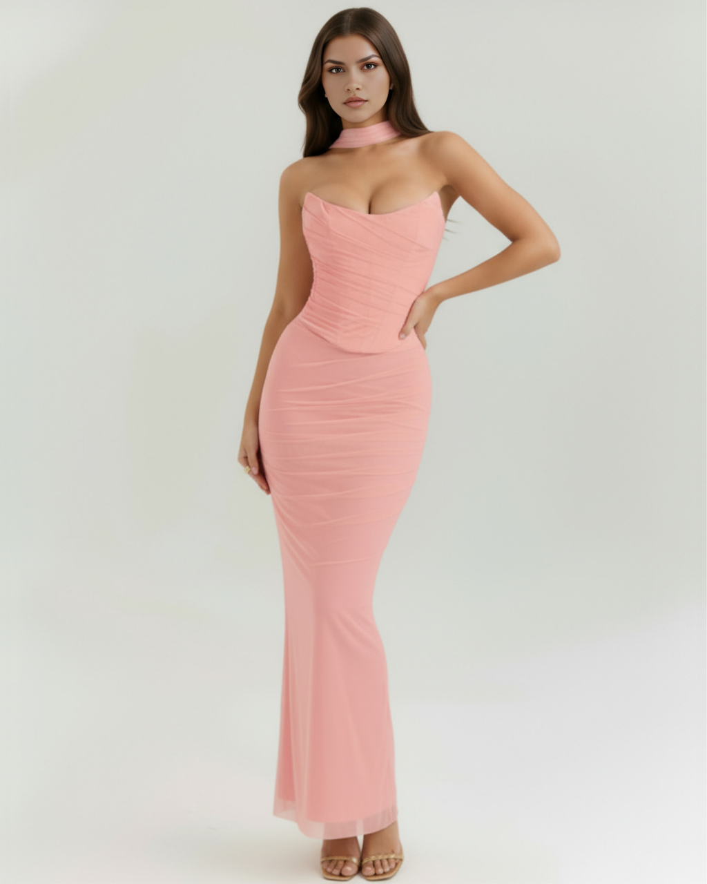 Pink ruched bodycon maxi dress with halter neckline and choker strap