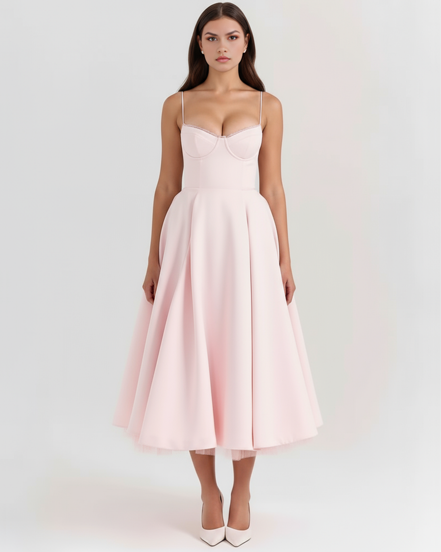 Blush pink sweetheart midi dress with spaghetti straps and structured bodice