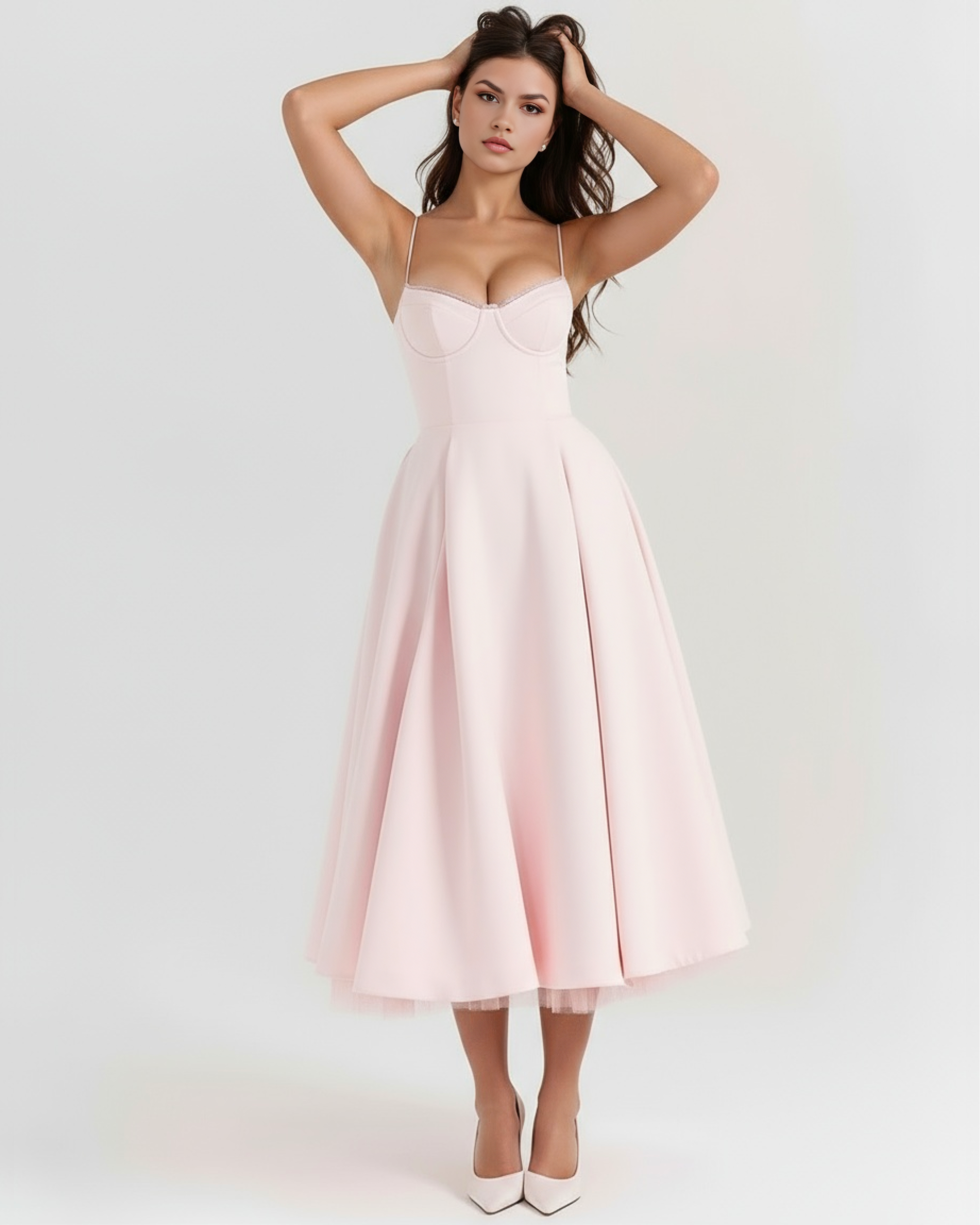 Blush pink sweetheart midi dress with spaghetti straps and full pleated skirt