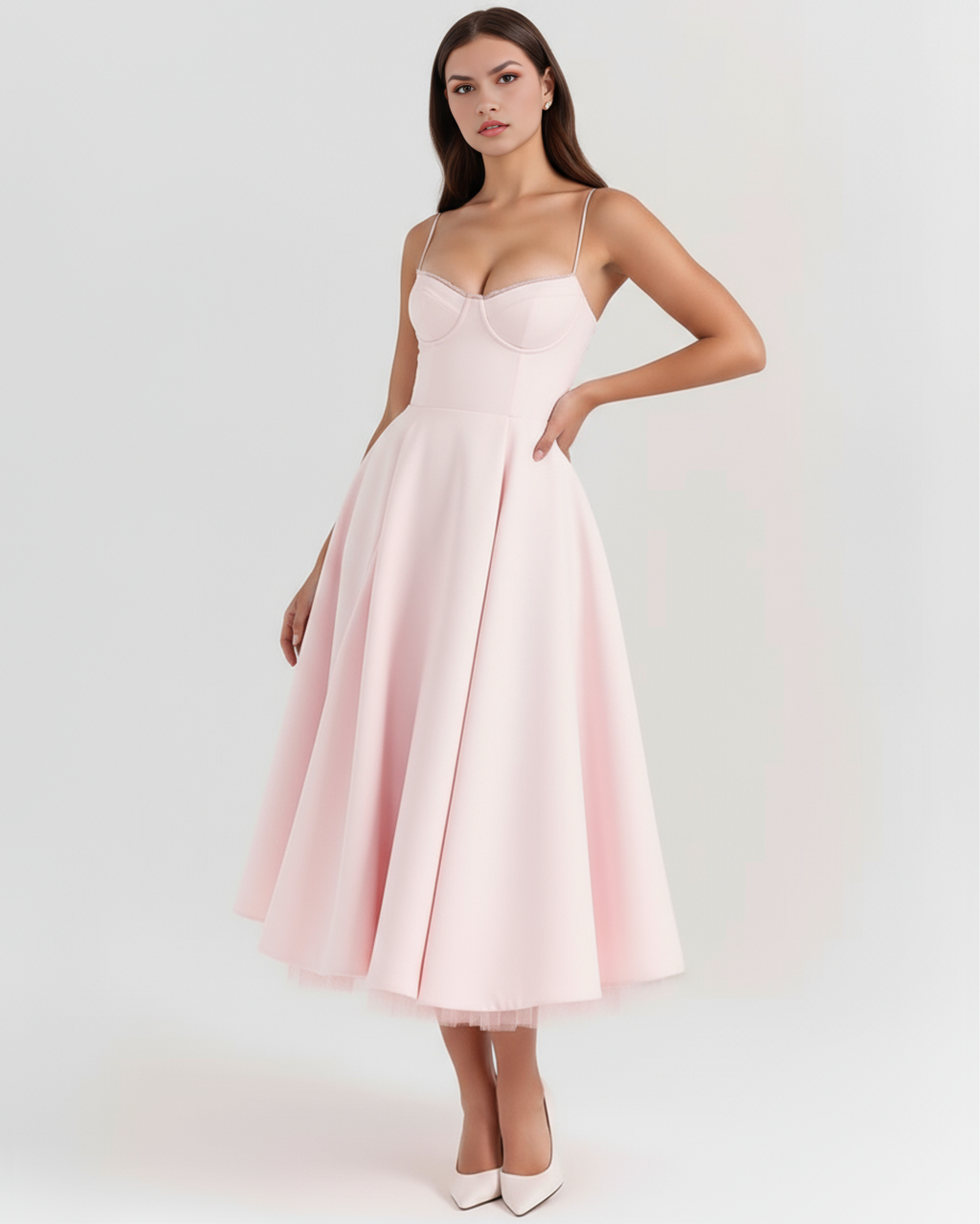 Blush pink sweetheart midi dress with fitted bust and flowy pleated skirt