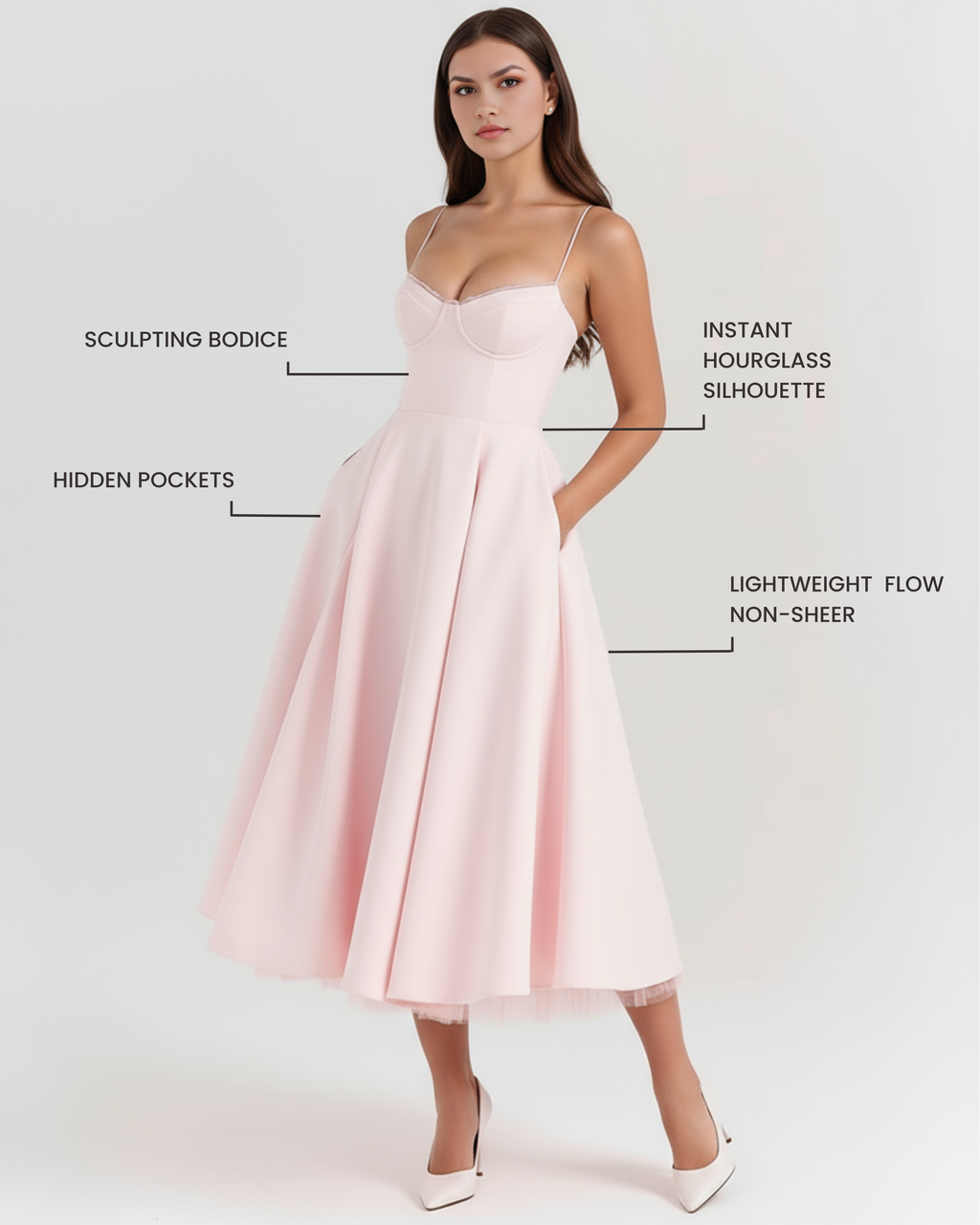 Blush pink sweetheart midi dress with fitted corset-style bodice and full skirt