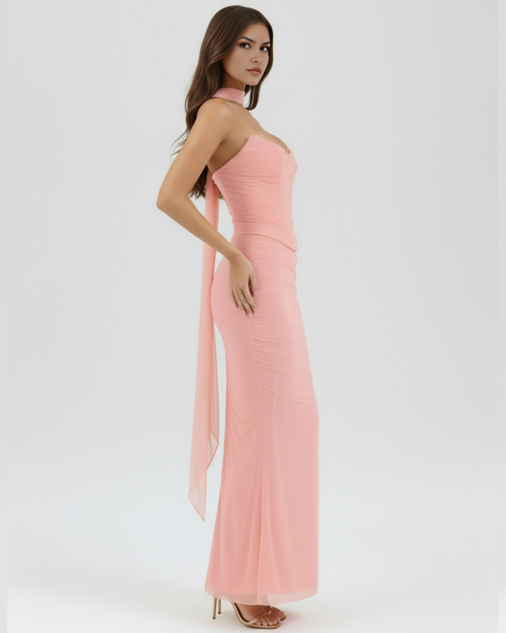 Pink ruched maxi dress with sweetheart bodice, slit detail, and choker halter neckline