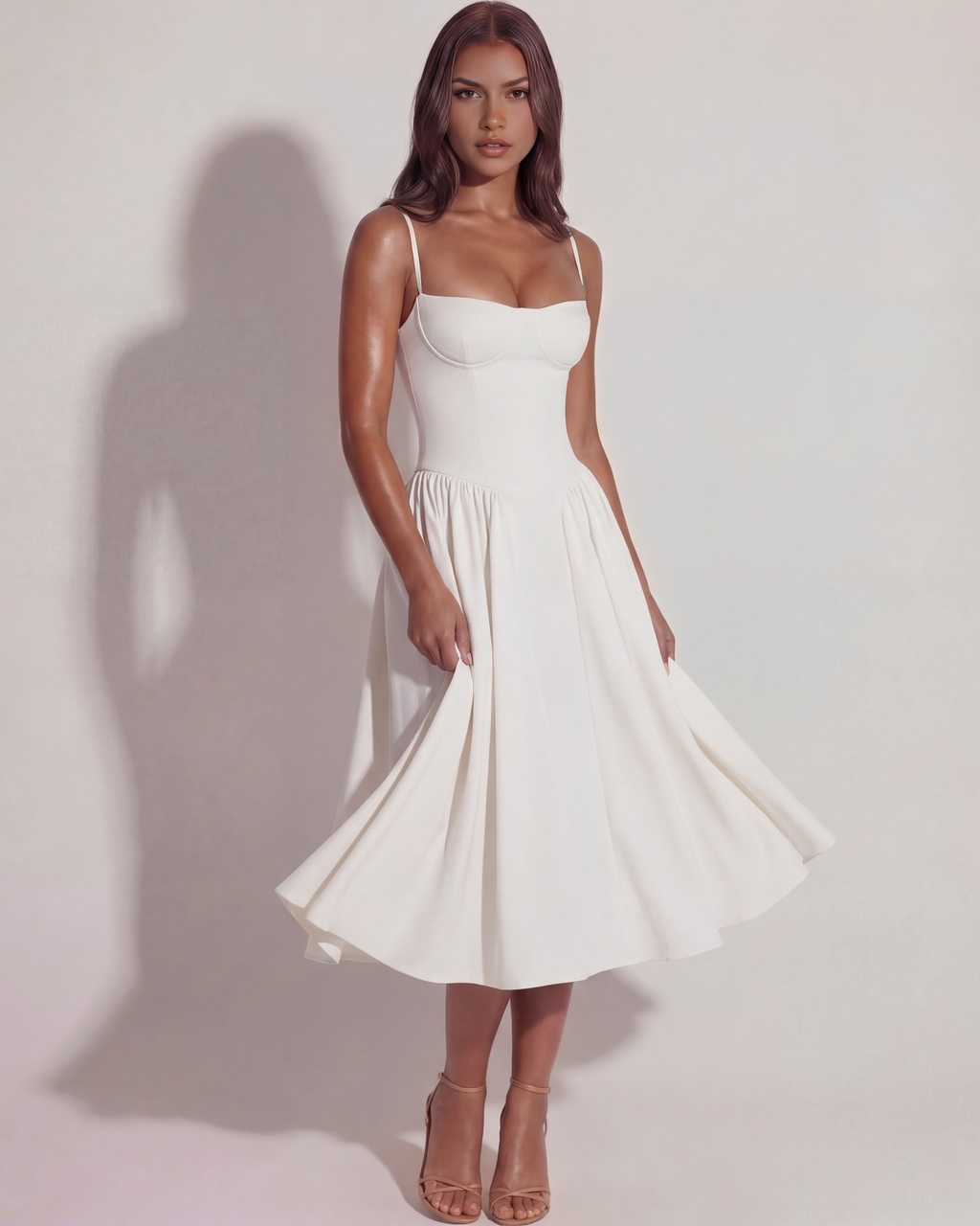 White midi dress with spaghetti straps and gathered A-line skirt, full front view.