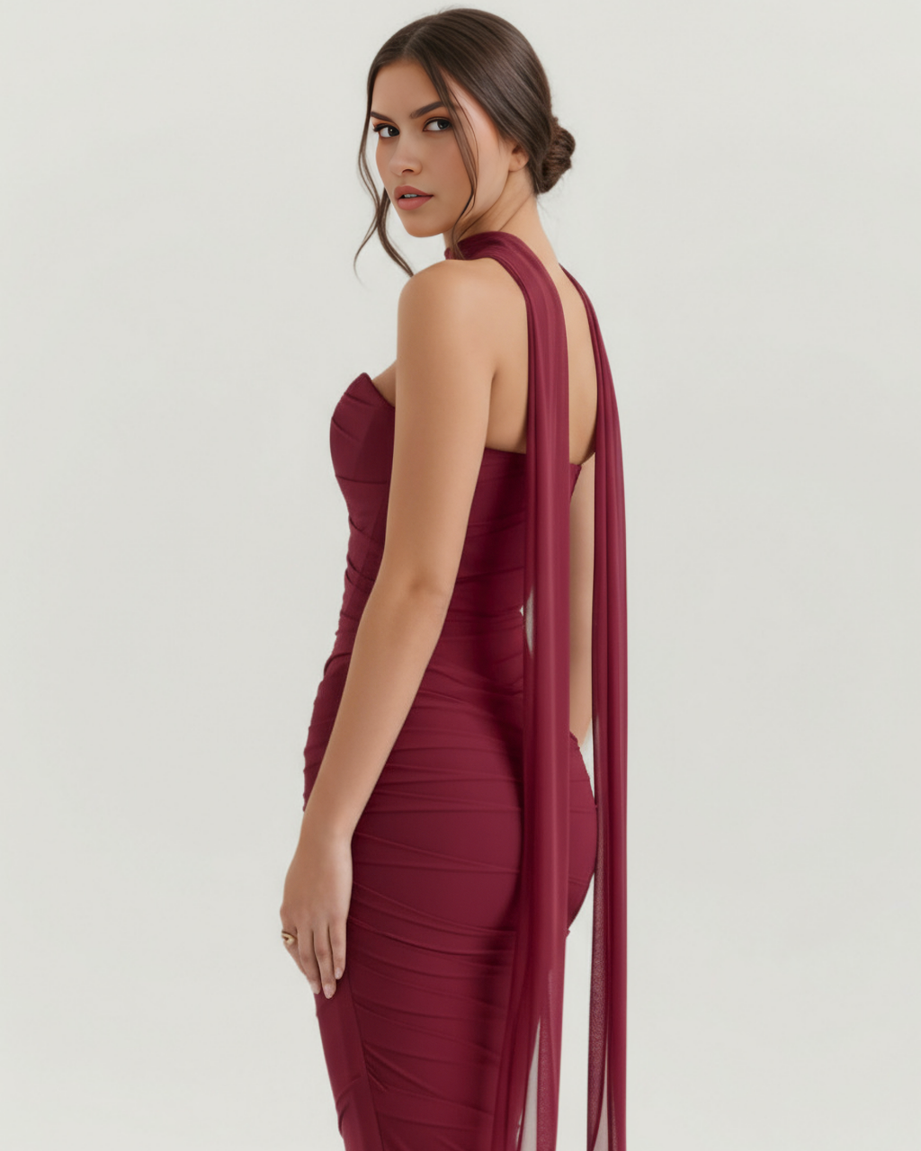 Burgundy bodycon midi dress with halter neck and open-back panel