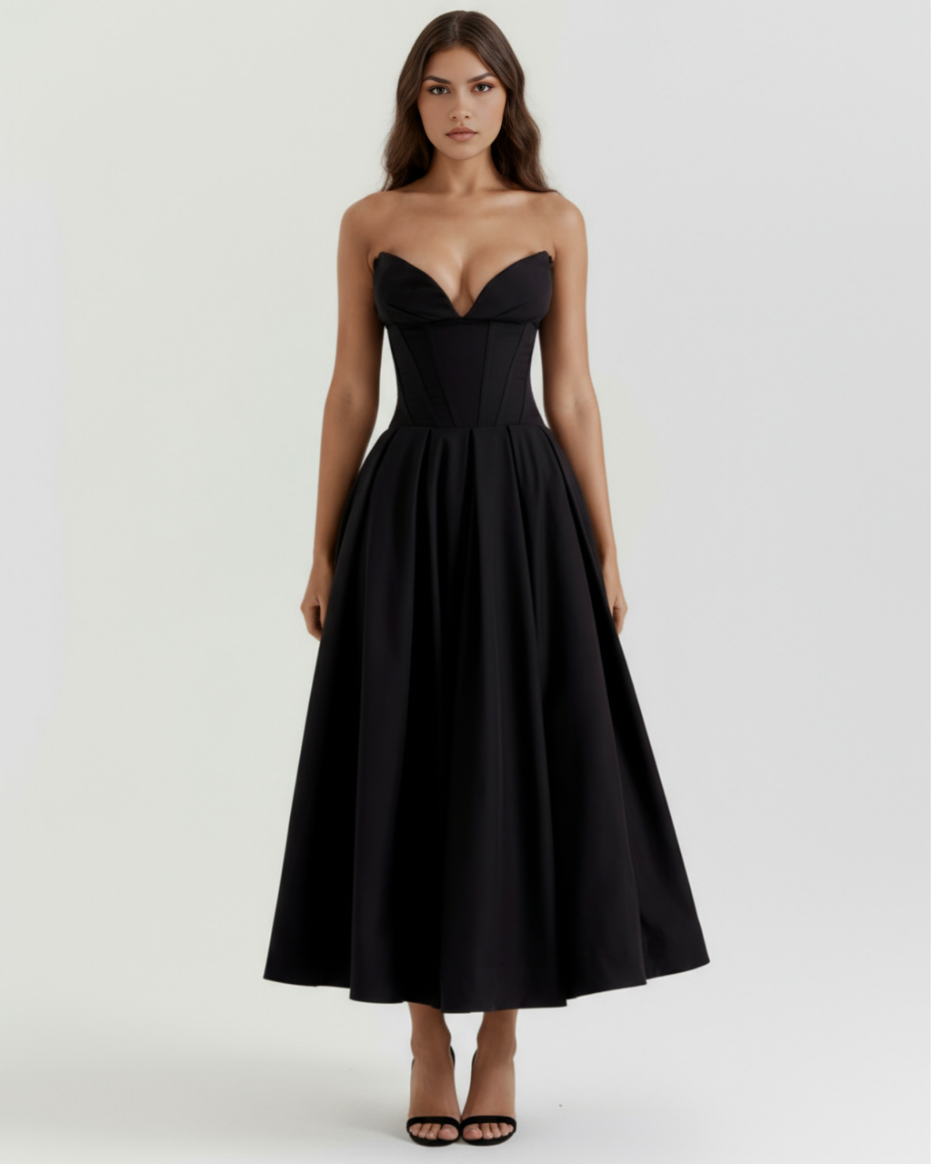 Black strapless sweetheart corset midi dress with full pleated skirt