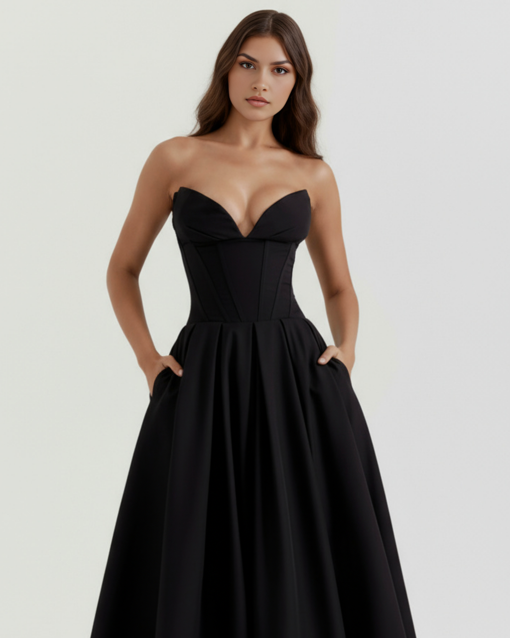 Black strapless corset midi dress with sweetheart neckline and sculpted waist