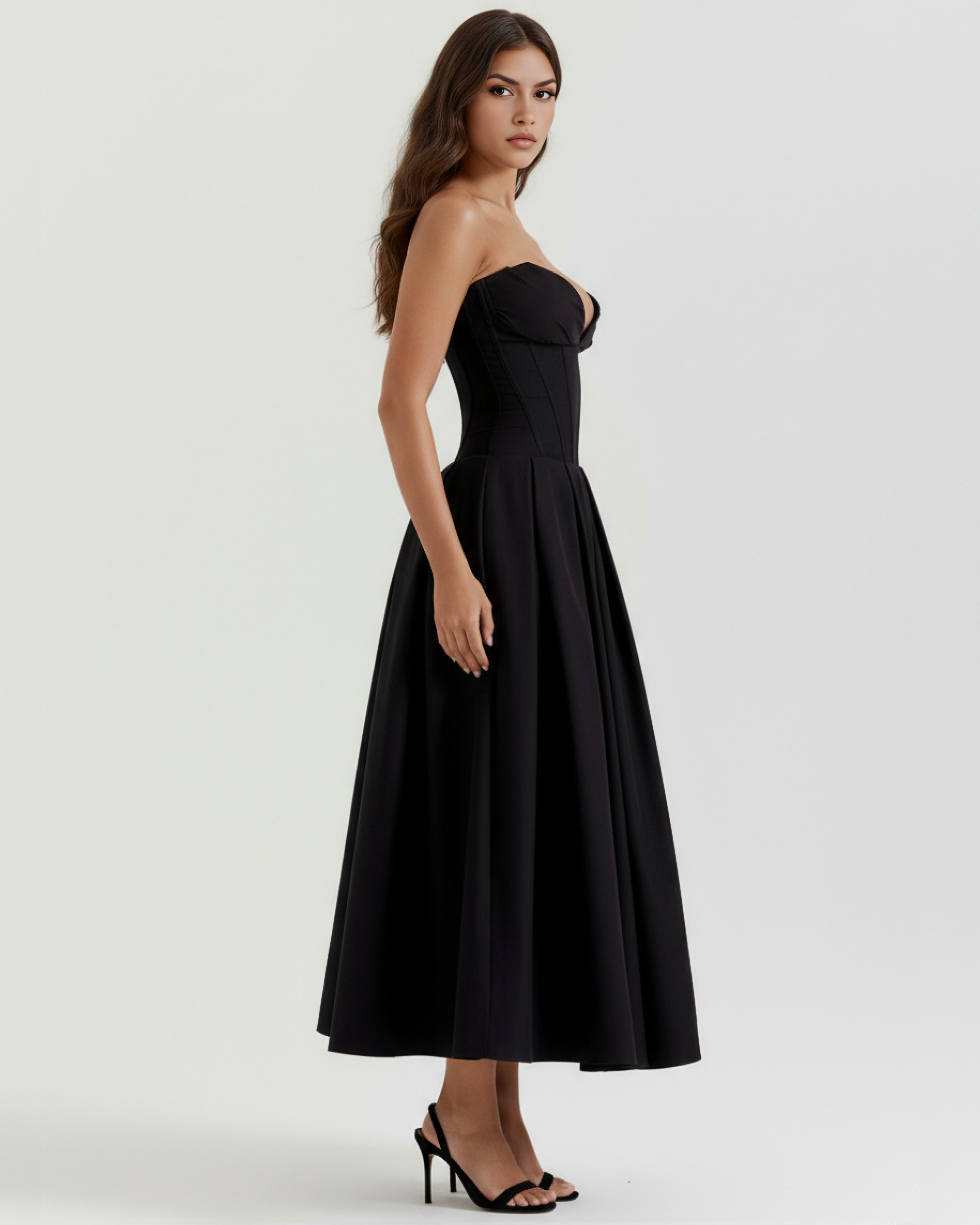 Black strapless midi dress with full skirt and fitted corset bodice