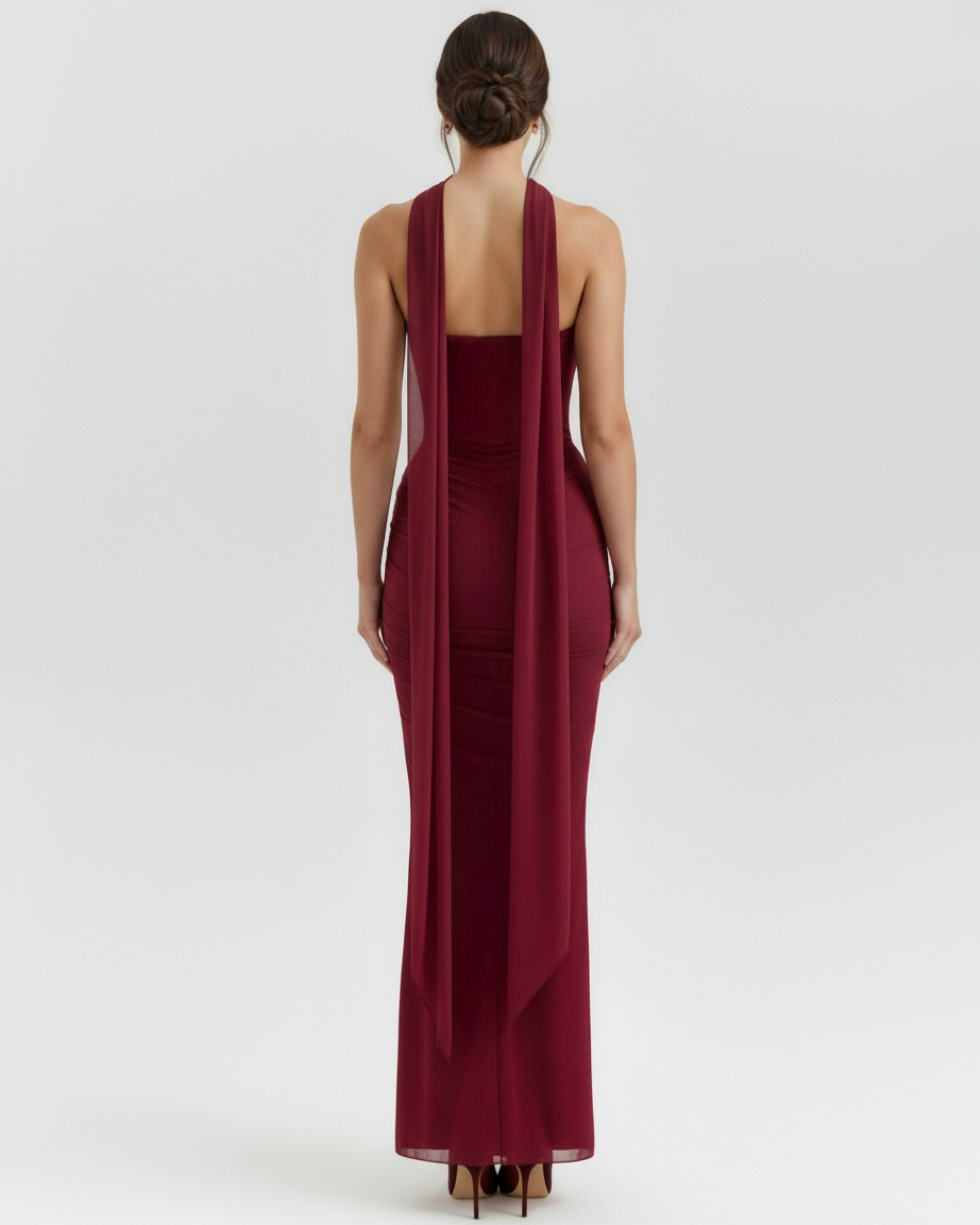 Burgundy corset bodycon midi dress with open back and long draped tail