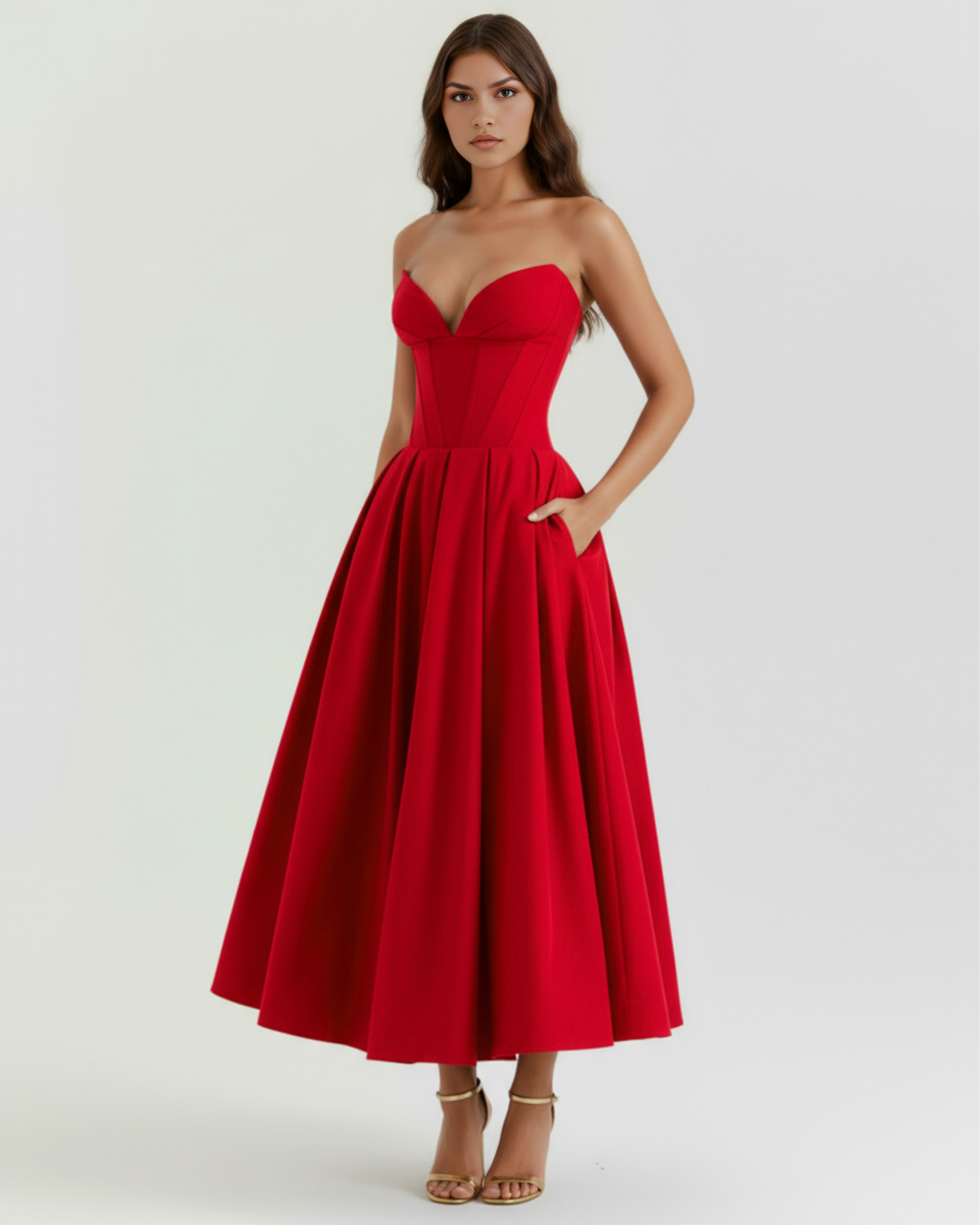 Red strapless corset midi dress with sweetheart neckline and full skirt