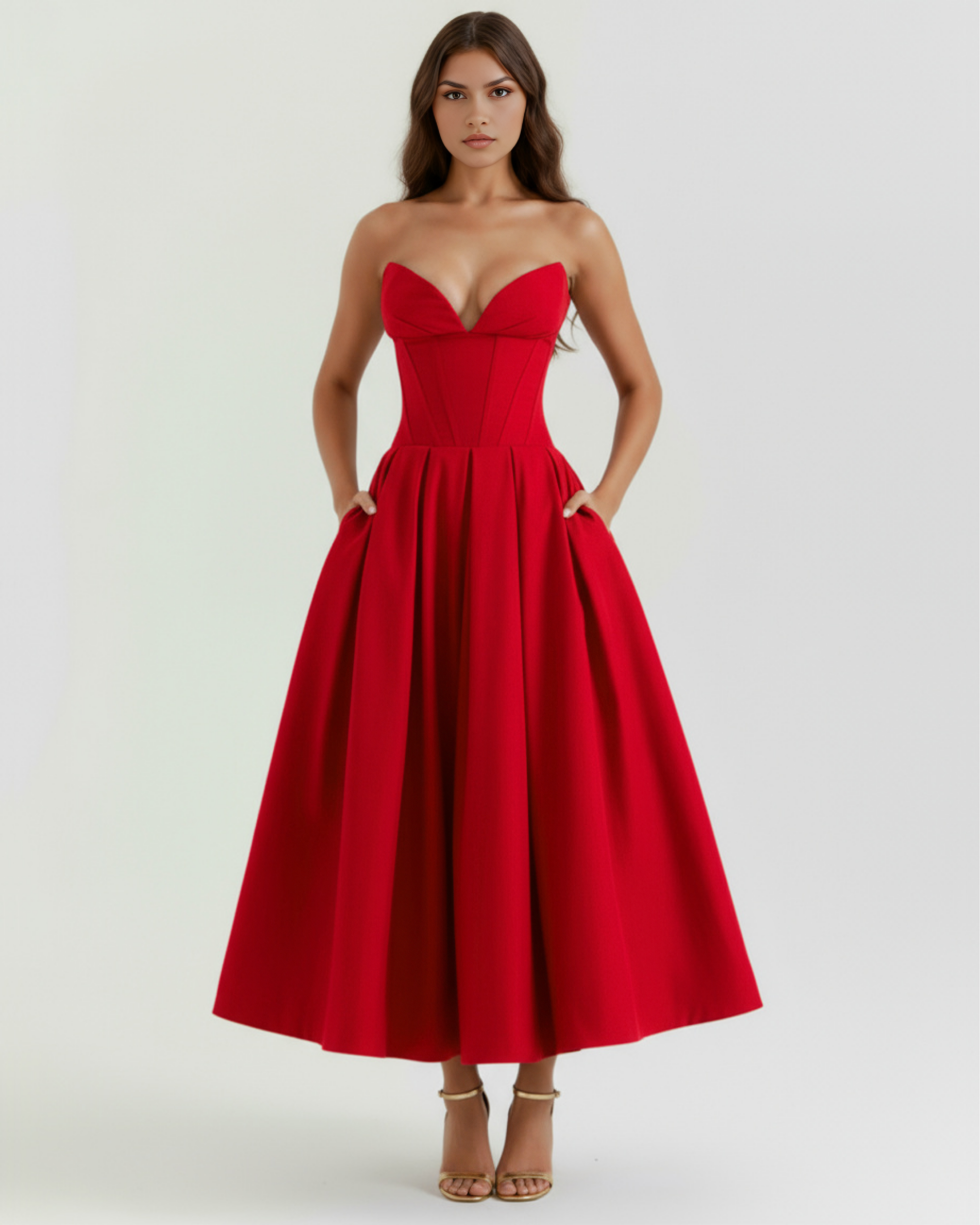 Red strapless corset midi dress with sweetheart bust and pleated full skirt