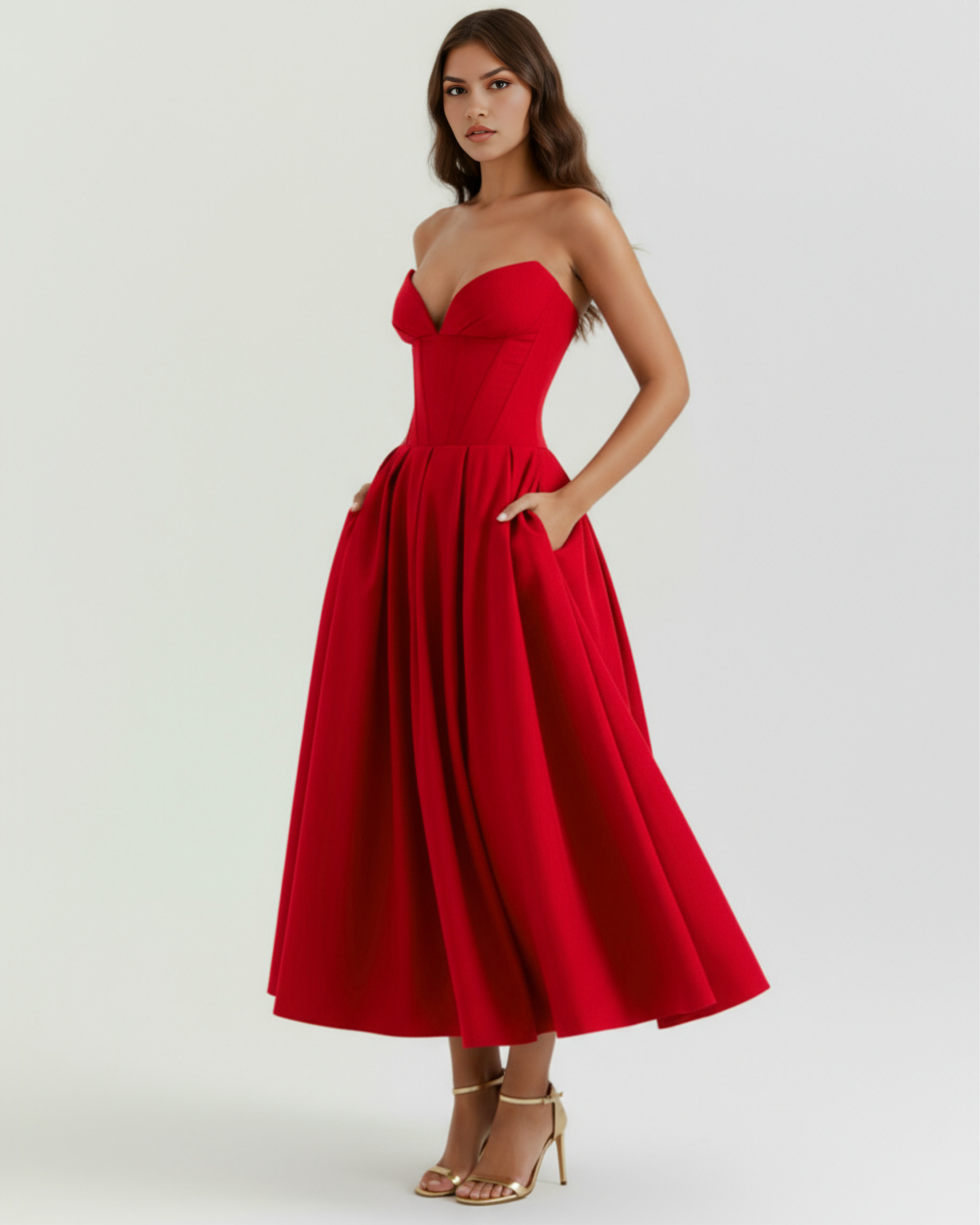 Red strapless corset midi dress with sweetheart neckline and swingy skirt