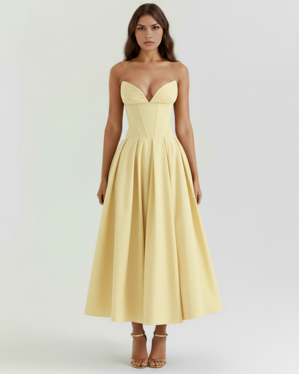 Light yellow strapless corset-style midi dress with V-shaped bust and pleated skirt